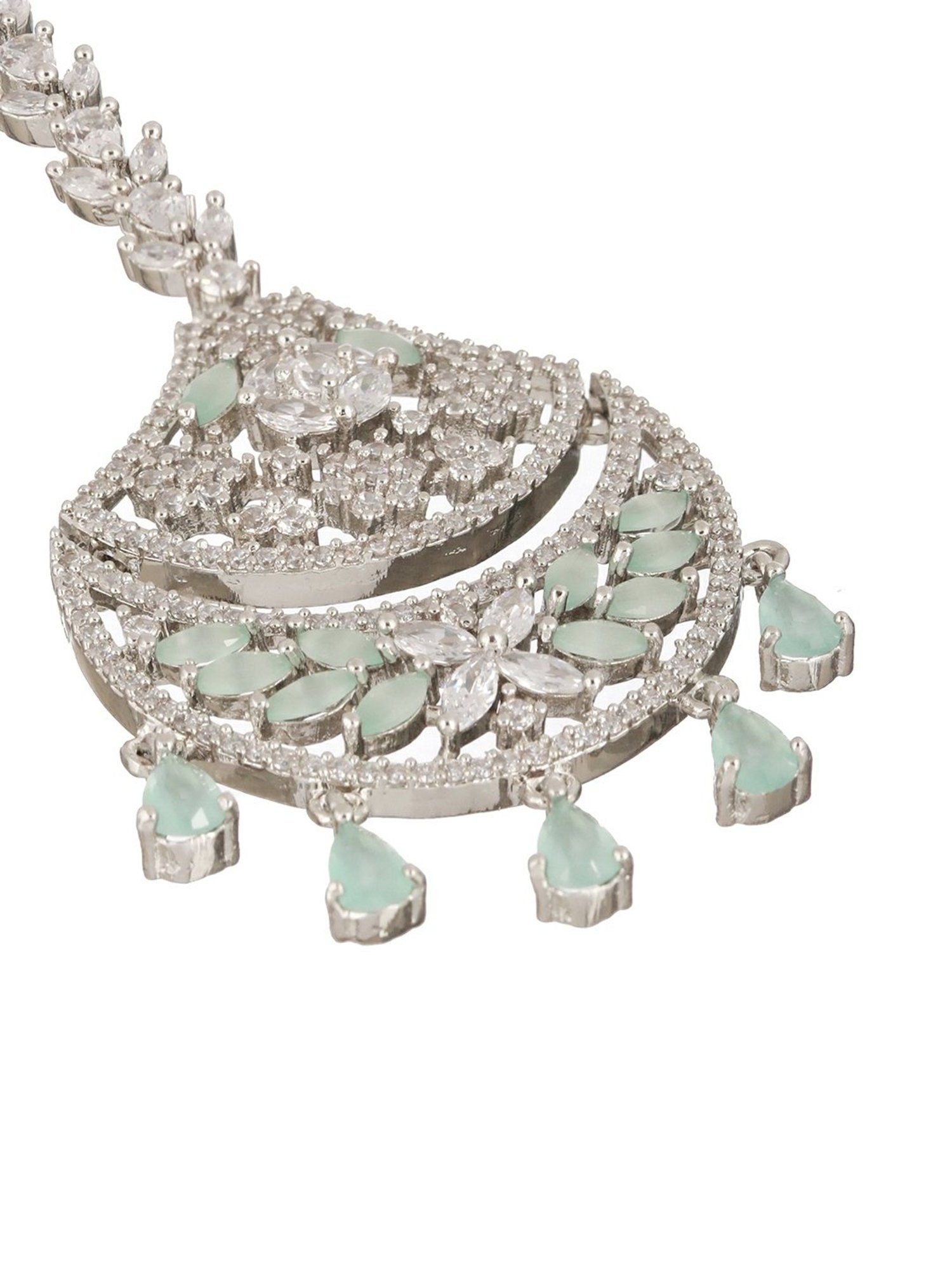 Priyaasi Mint Green Floral American Diamond Silver-Plated Maangtikka