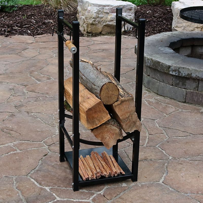 Sunnydaze Indoor/Outdoor Steel Fire Pit or Fireplace Firewood Log Rack Holder with Hooks - 32" - Black