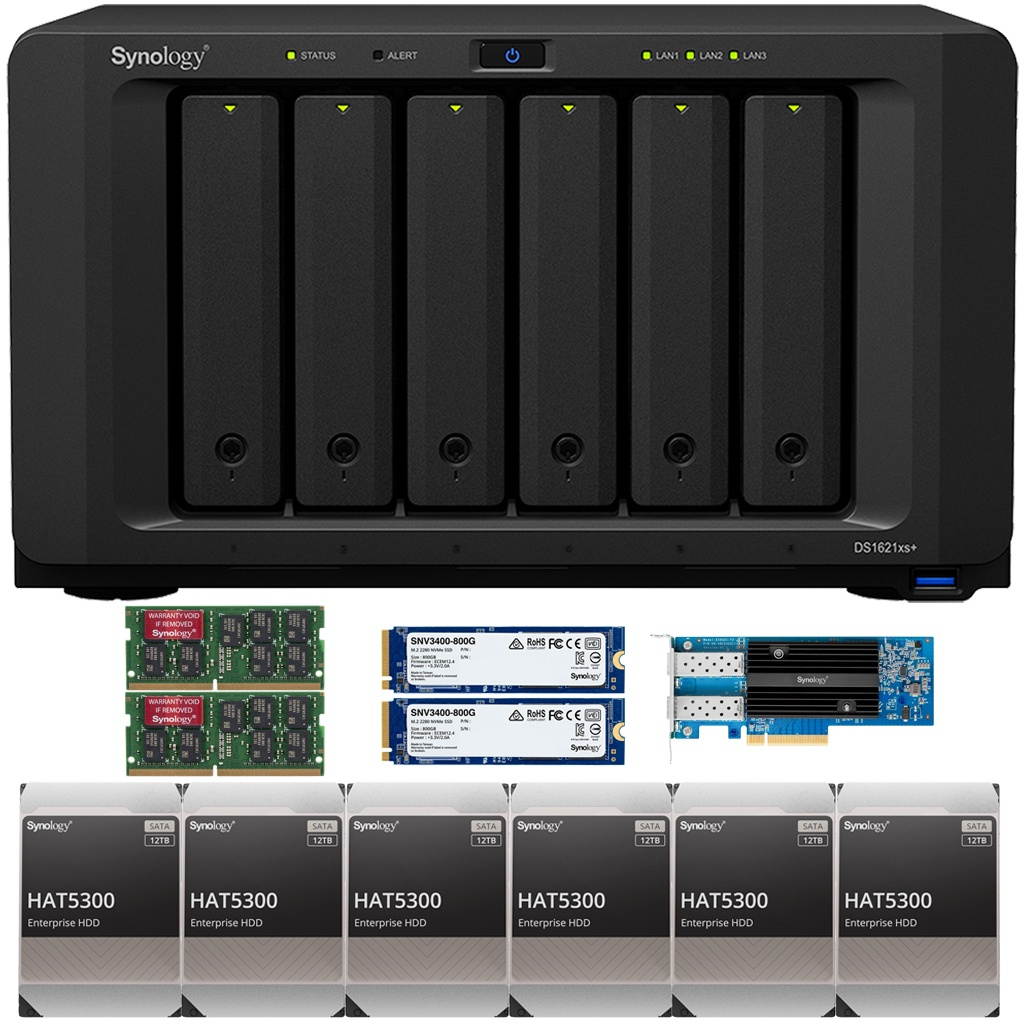 Synology DS1621xs+ DiskStation with 32GB RAM, 1.6B (2x800GB) Cache, an E25G21-F2 25GbE Card and 96TB (6 x 16TB) of Synology Enterprise HAT5300 Drives Fully Assembled and Tested By CustomTechSales