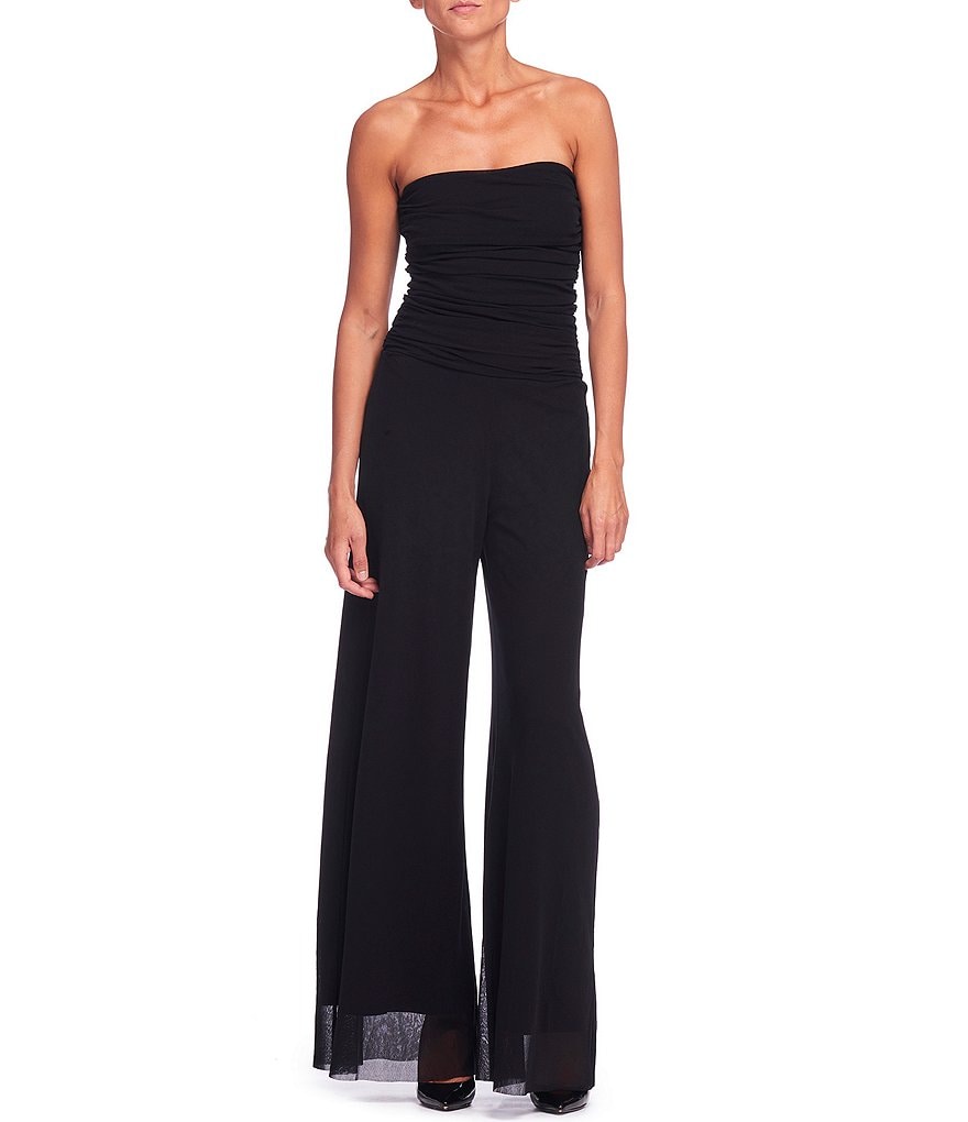 FUZZI Tulle Mesh Convertible Lined Flare-Leg Strapless Jumpsuit