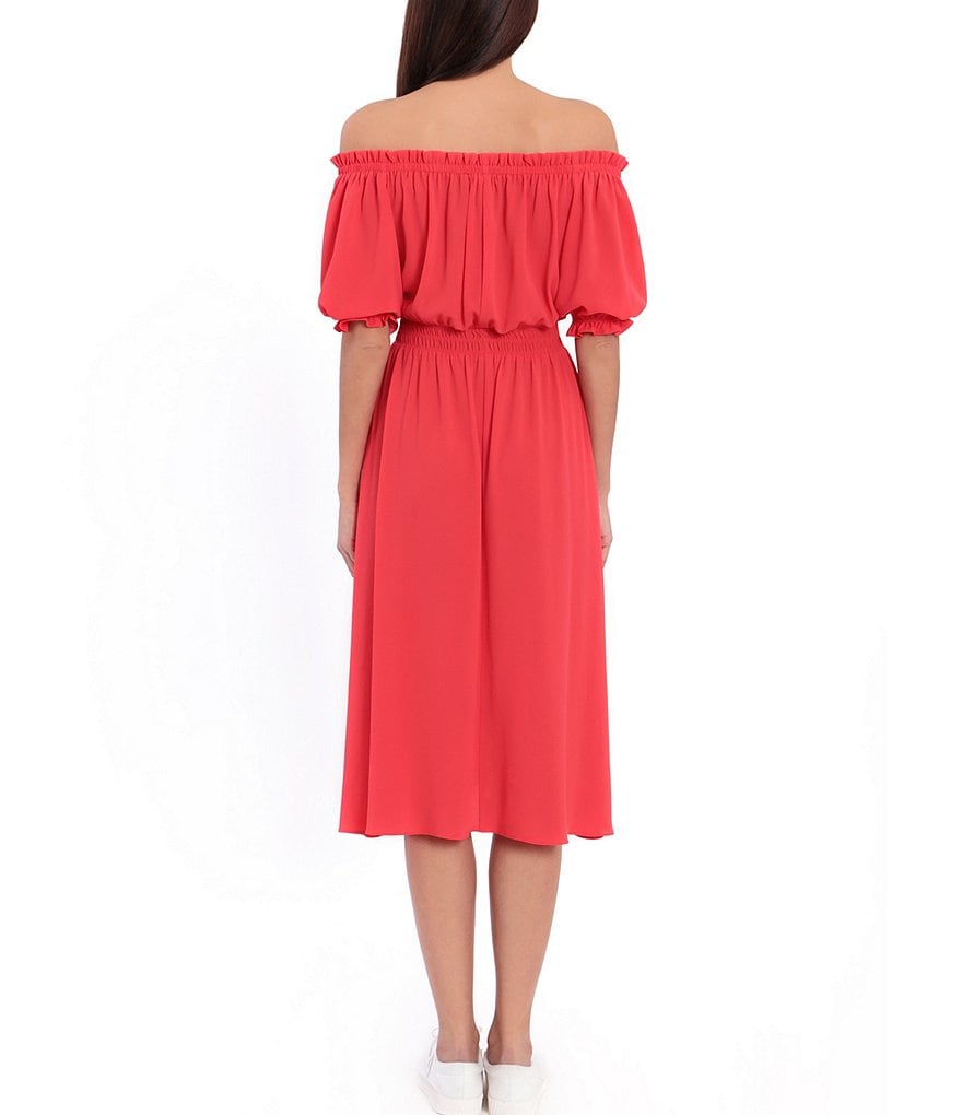 London Times Off-the-Shoulder Puff Sleeve Crepe Midi Dress