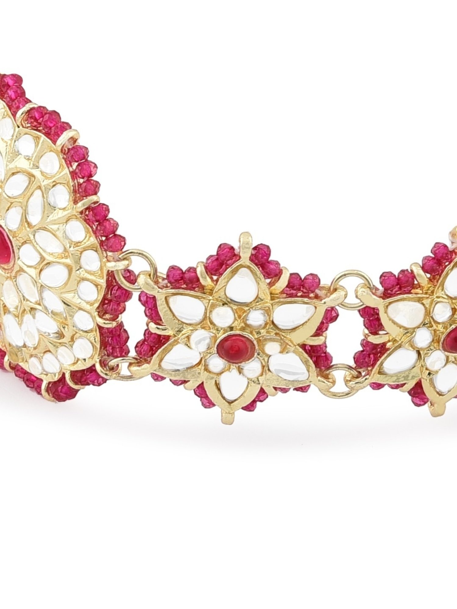 Zaveri Pearls Pink Crystal Beaded Ethnic Kundan Necklace, Earring & Ring Set