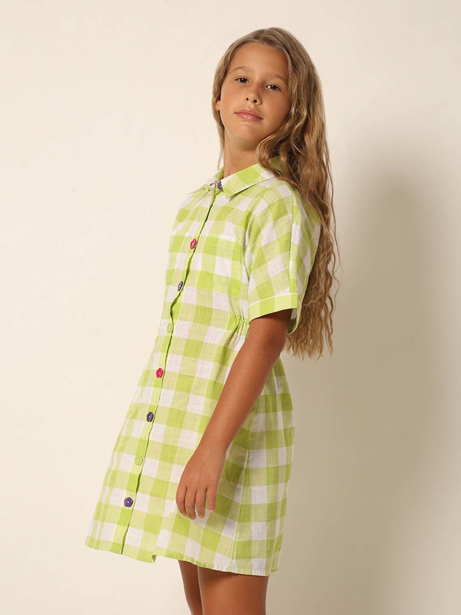VERO MODA GIRL Green & White Cotton Chequered Dress