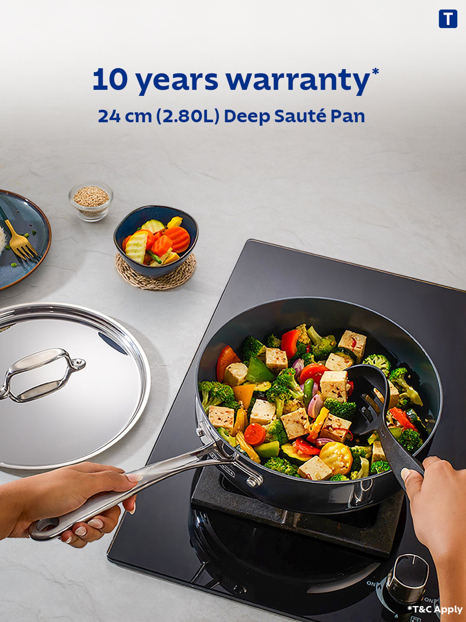 Tramontina Fusao Non-Toxic Triply Stainless Steel Ceramic Deep Saute Pan & lid 24cm/2.8L