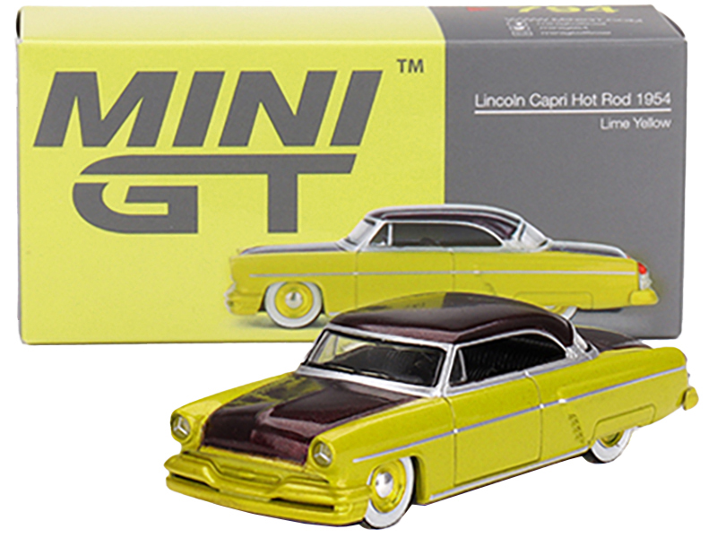 1954 Lincoln Capri Hot Rod Lime Yellow Metallic and Brown Metallic Limited Edition 1/64 Diecast Model Car by Mini GT