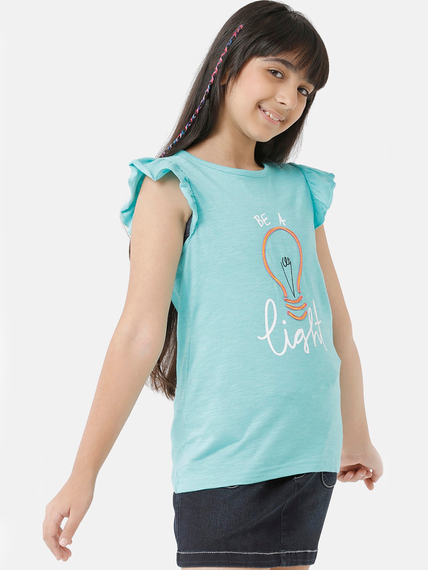 Under Fourteen Only Kids Aqua Blue Embroidered Top