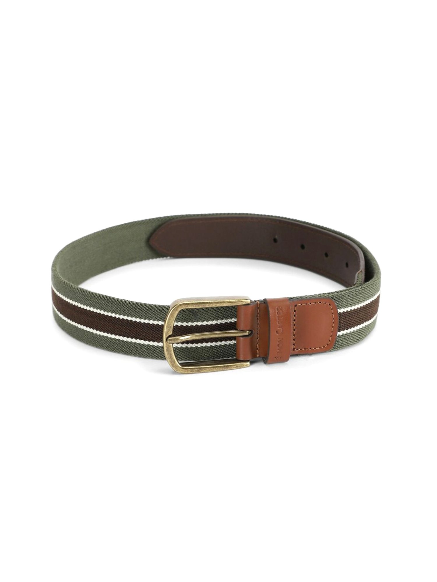 Simon Carter Green Leather Striped Casual Belt for Men