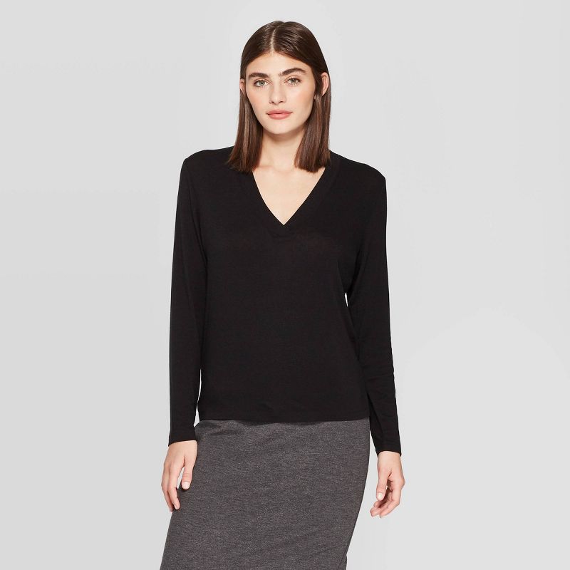 Women's Long Sleeve Deep V-Neck Jersey Blend T-Shirt - Prologue™ Black XXL