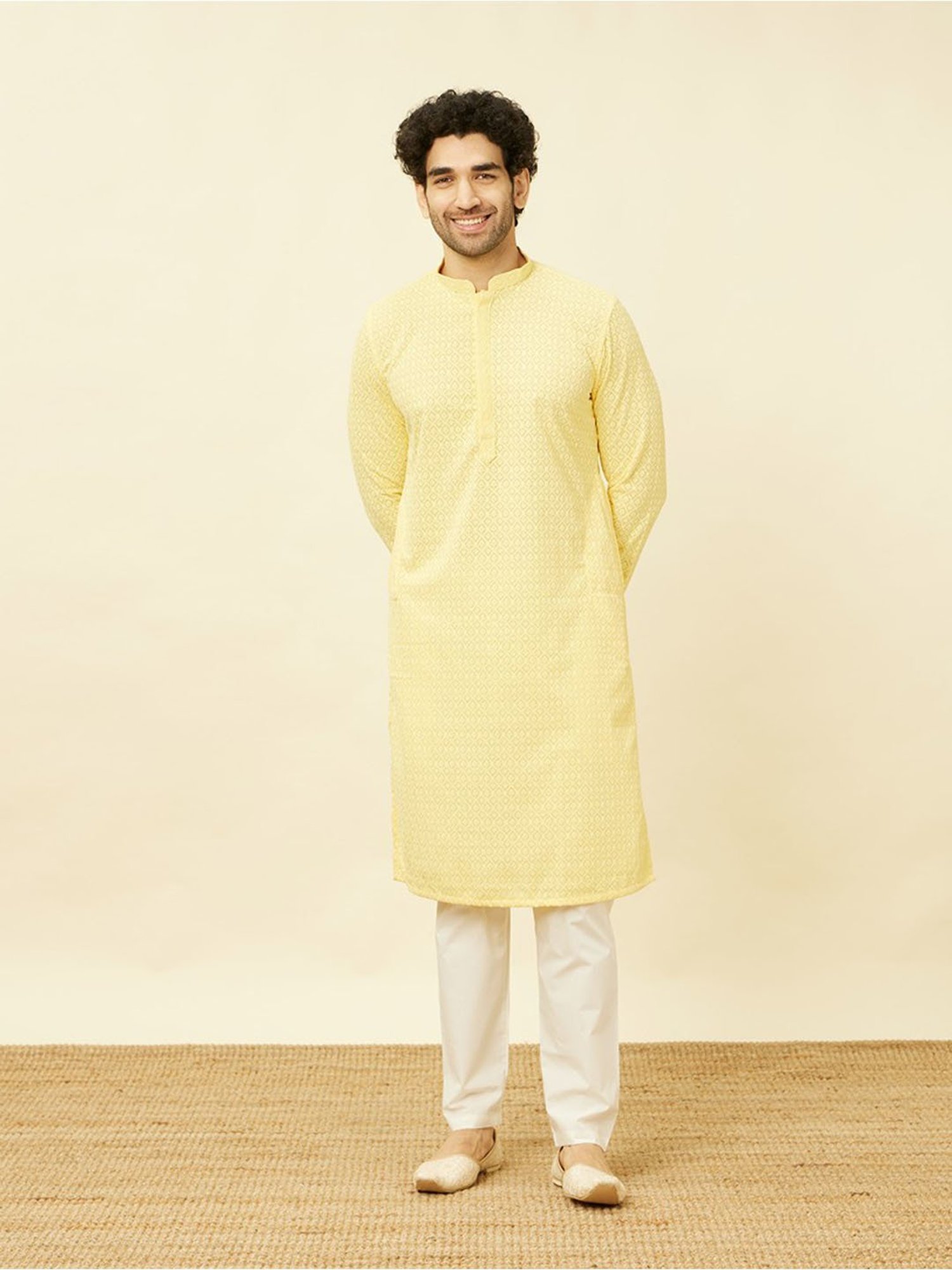 Manyavar Yellow Regular Fit Chikankari Kurta Bottom Set
