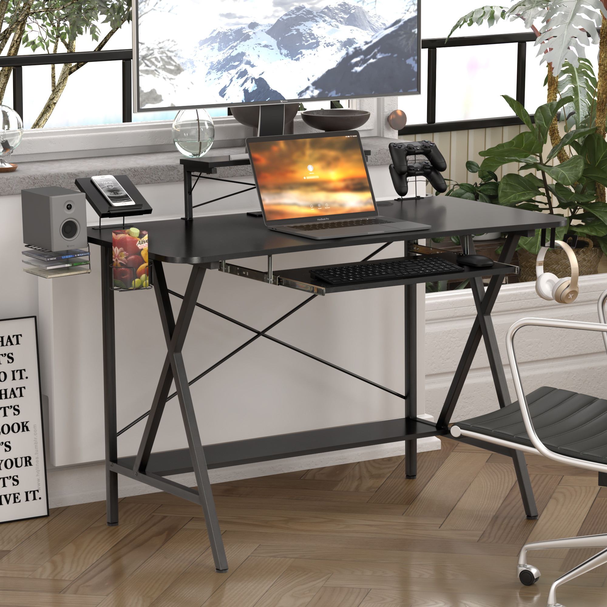 47" Gaming Desk Table E-Sports Computer Desk Home Office Desk Gamer Desk Writing Table with PC Stand Shelf Keyboard Stand Cup Holder & Headphone Hook,Power Strip with USB,Black