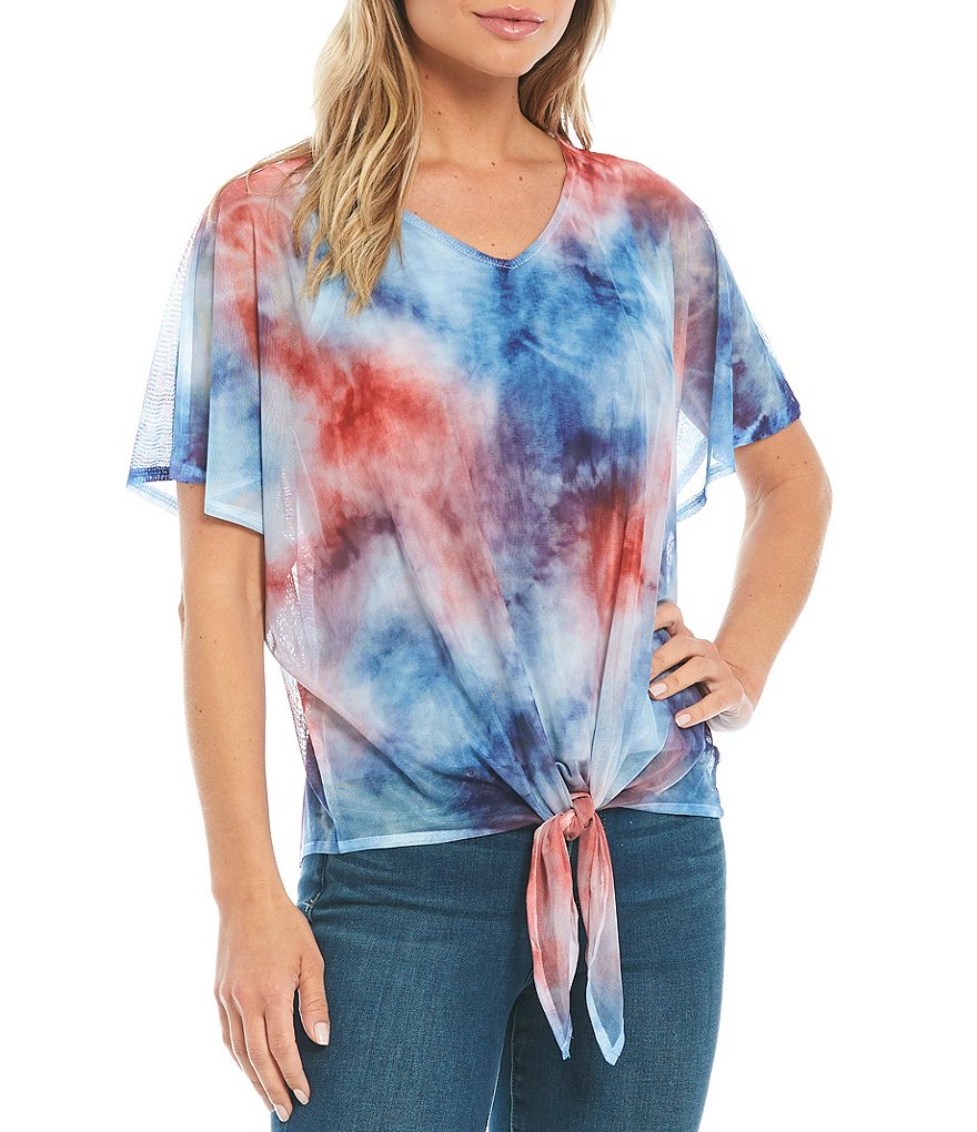 One World Apparel Tie Dye V-Neck Mesh Overlay Tie-Front Bubble Top