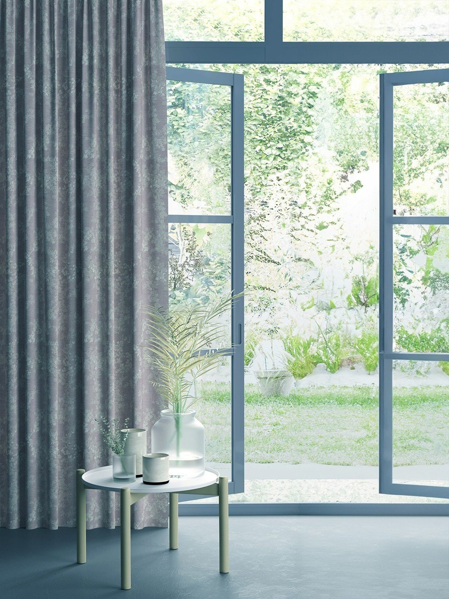 Swayam Cream & Blue Printed Faux Silk Door Curtains - Set of 2