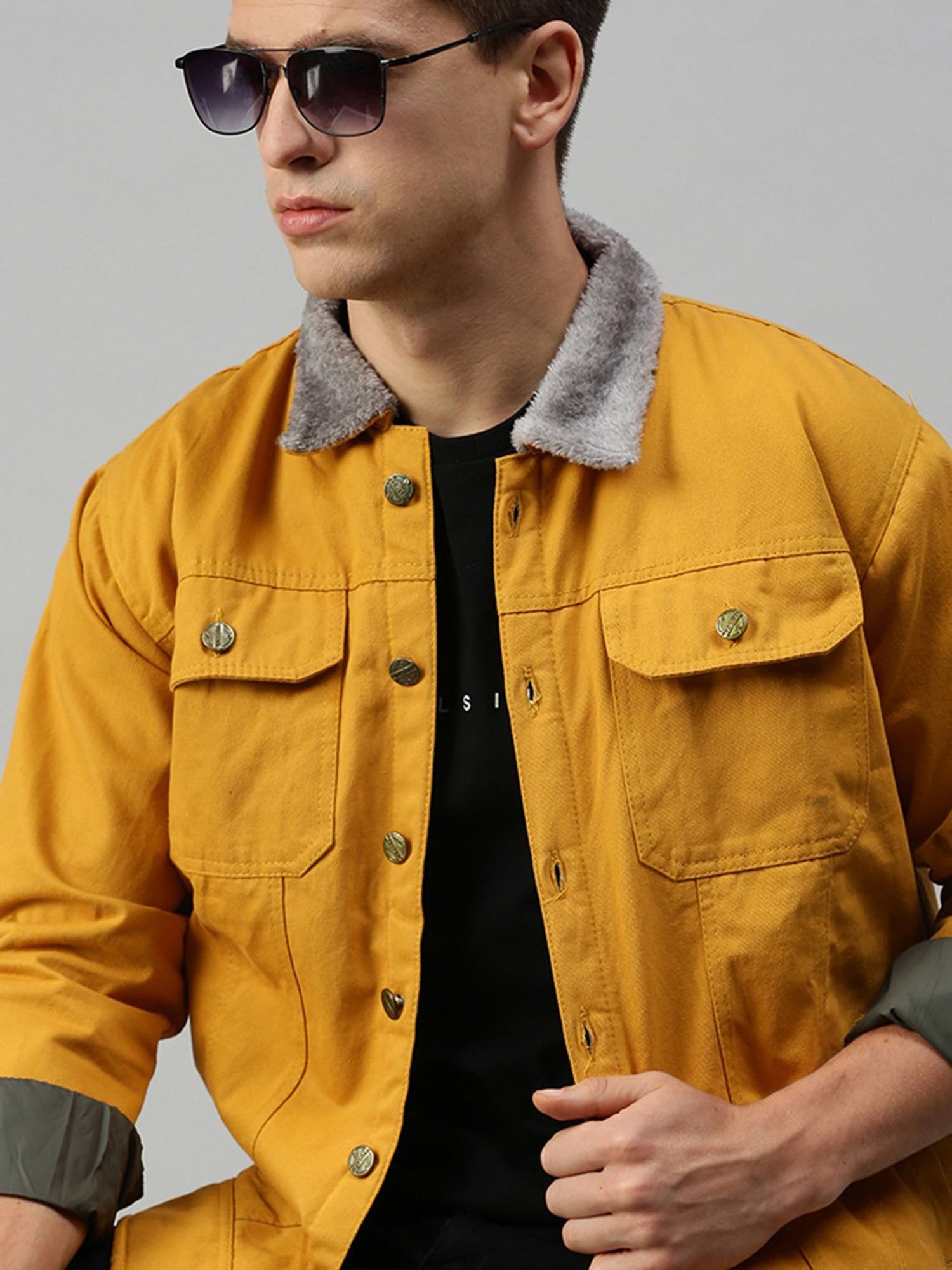 VOXATI Yellow Regular Fit Shirt Collar Denim Jacket