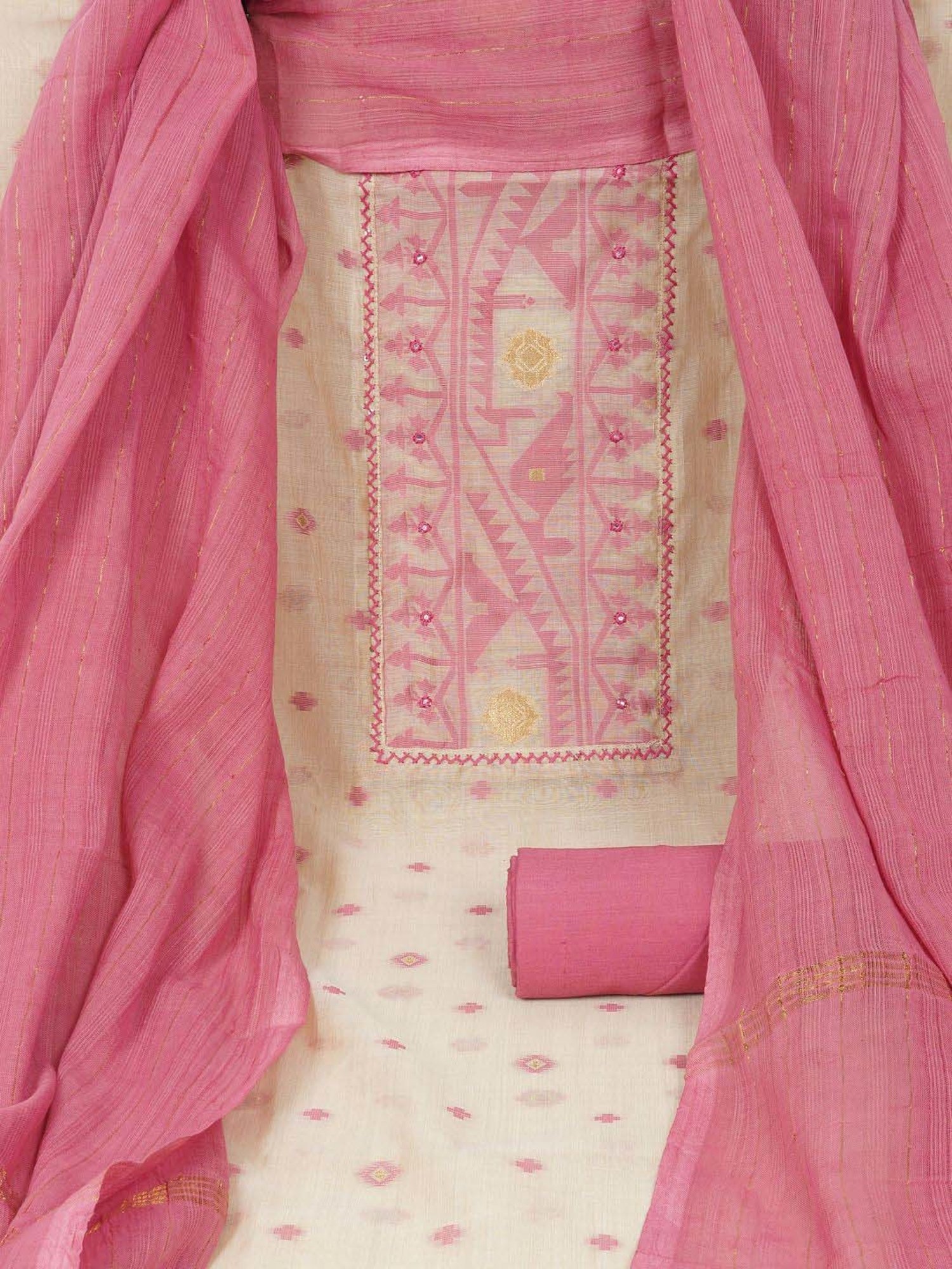 Kami Kubi White & Pink Embroidered Unstitched Dress Material