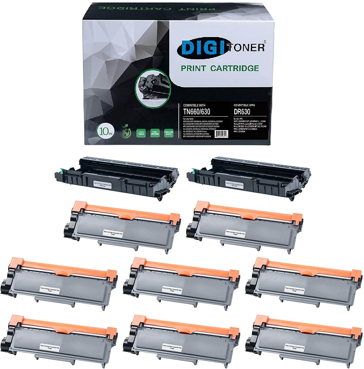 TonerPlusUSA Compatible Toner Cartridge and Drum Unit Set Replacement for Brother TN660 TN630 DR630 High Yield for DCP-L2540DW/HL-L2300D/L2360DW/MFC-L2680W/L2685DW Black (2DR630+ 8TN660, [2+8] Pack)