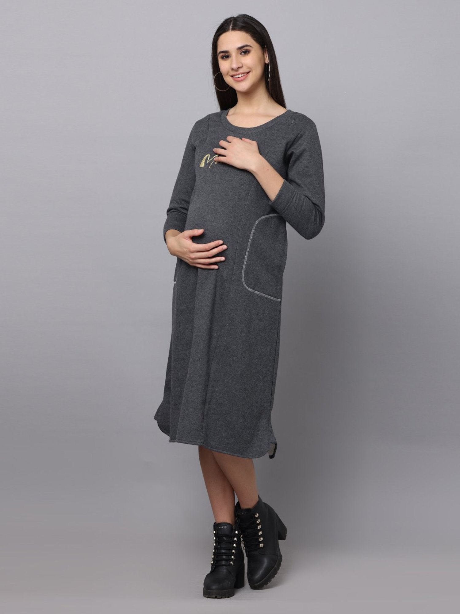 The Mom Store Grey Printed Maternity & Nursing Sweater Dress