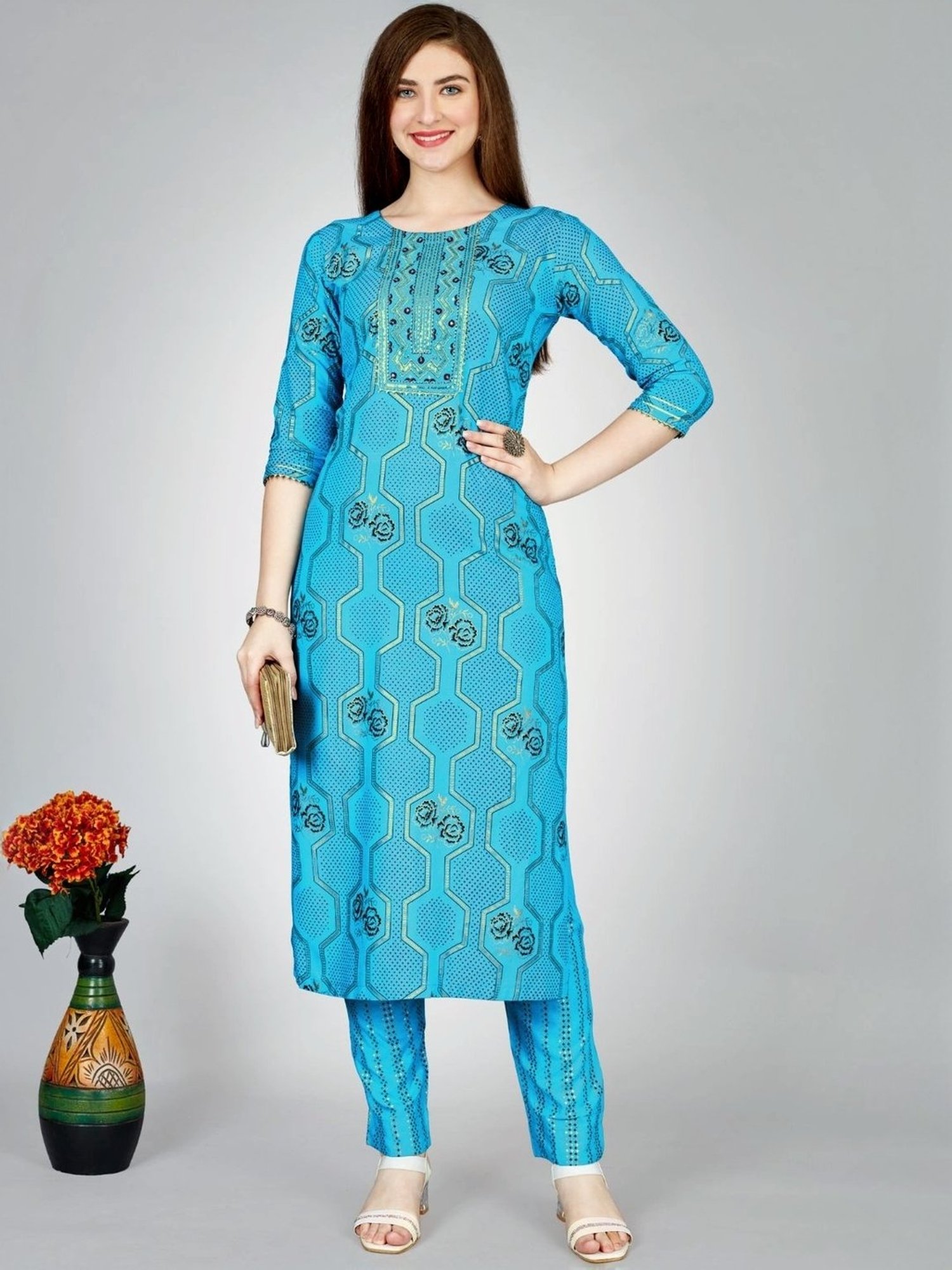 Odette Blue Printed Kurta Pant Set