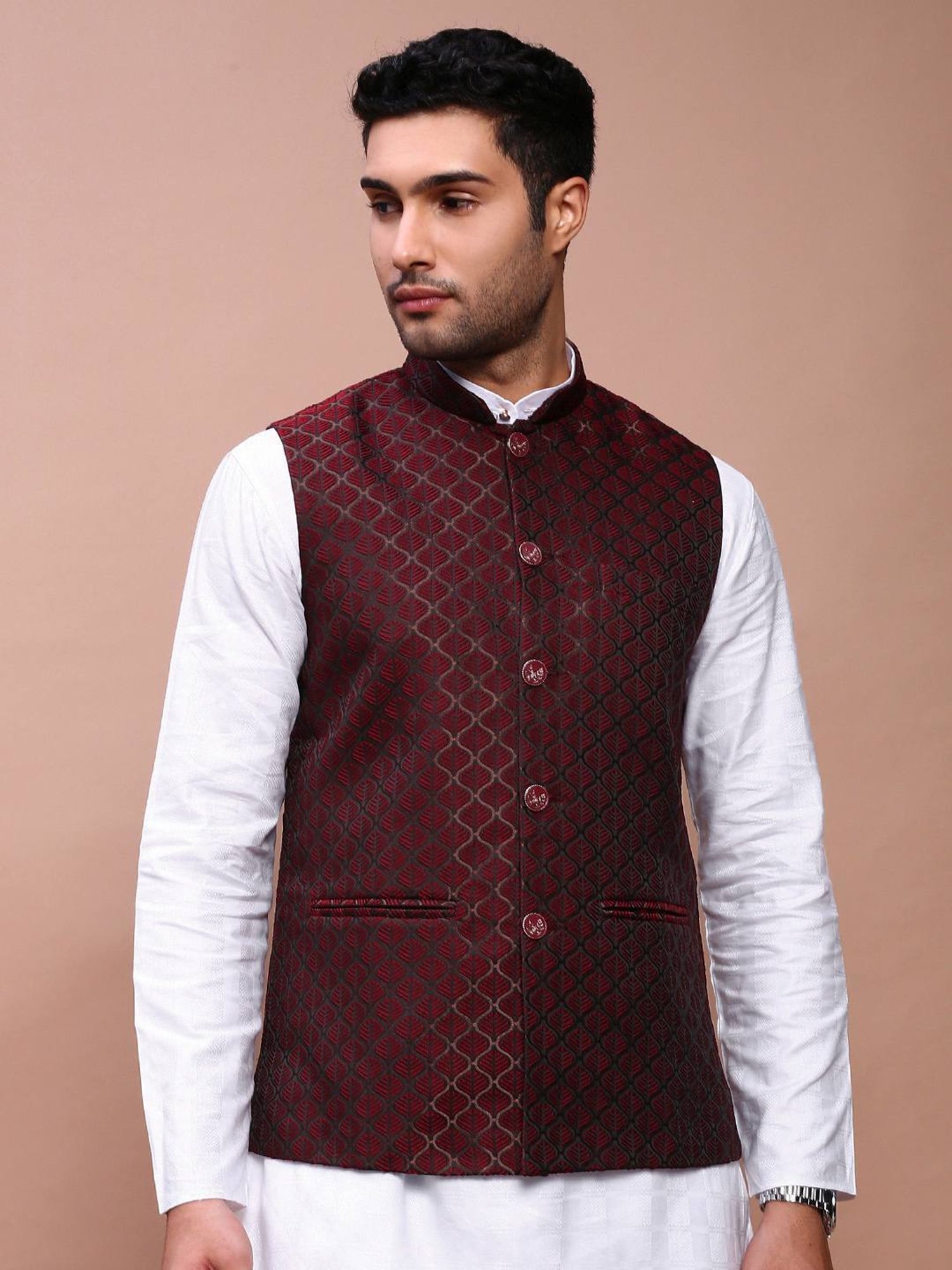 Showoff Maroon Cotton Slim Fit Self Pattern Nehru Jacket