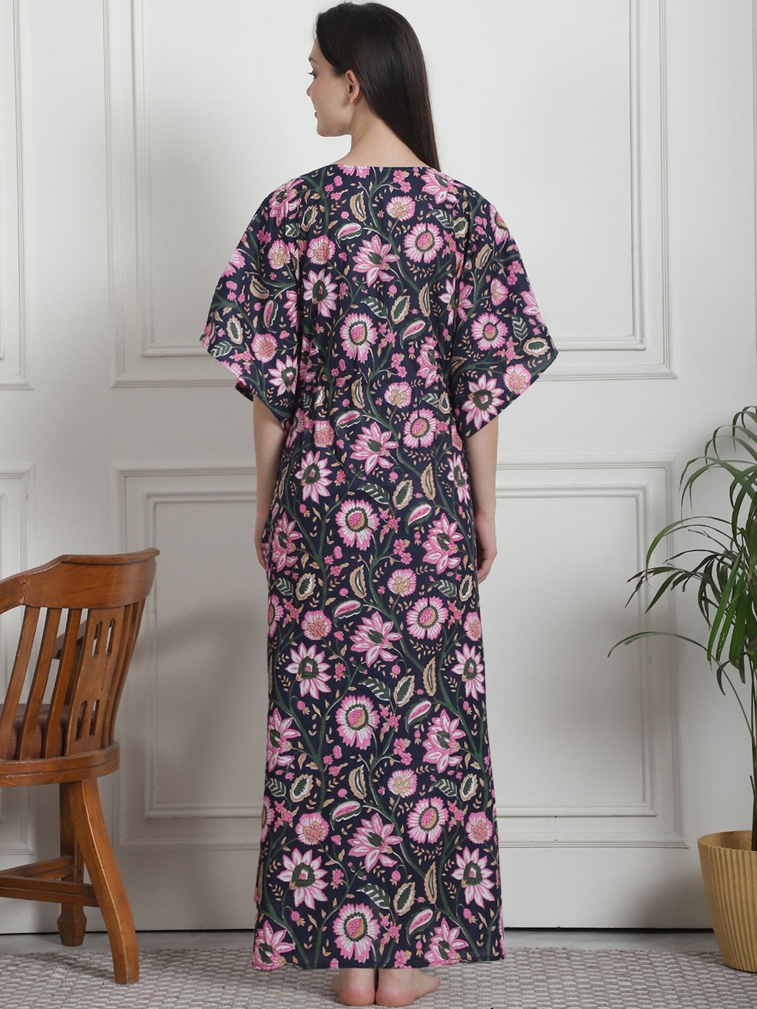 Secret Wish Navy Floral Print Kaftan Nighty