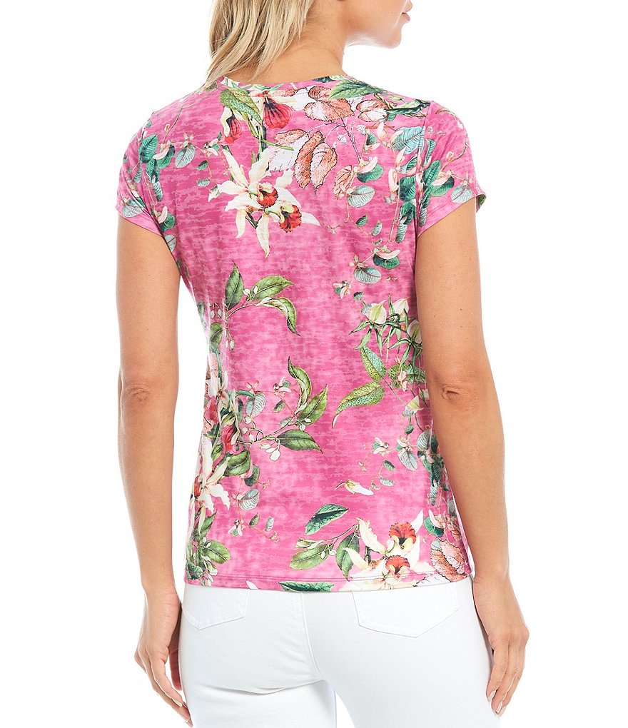 Reba Studded Tropical Print Jewel Neck Short Sleeve Tee