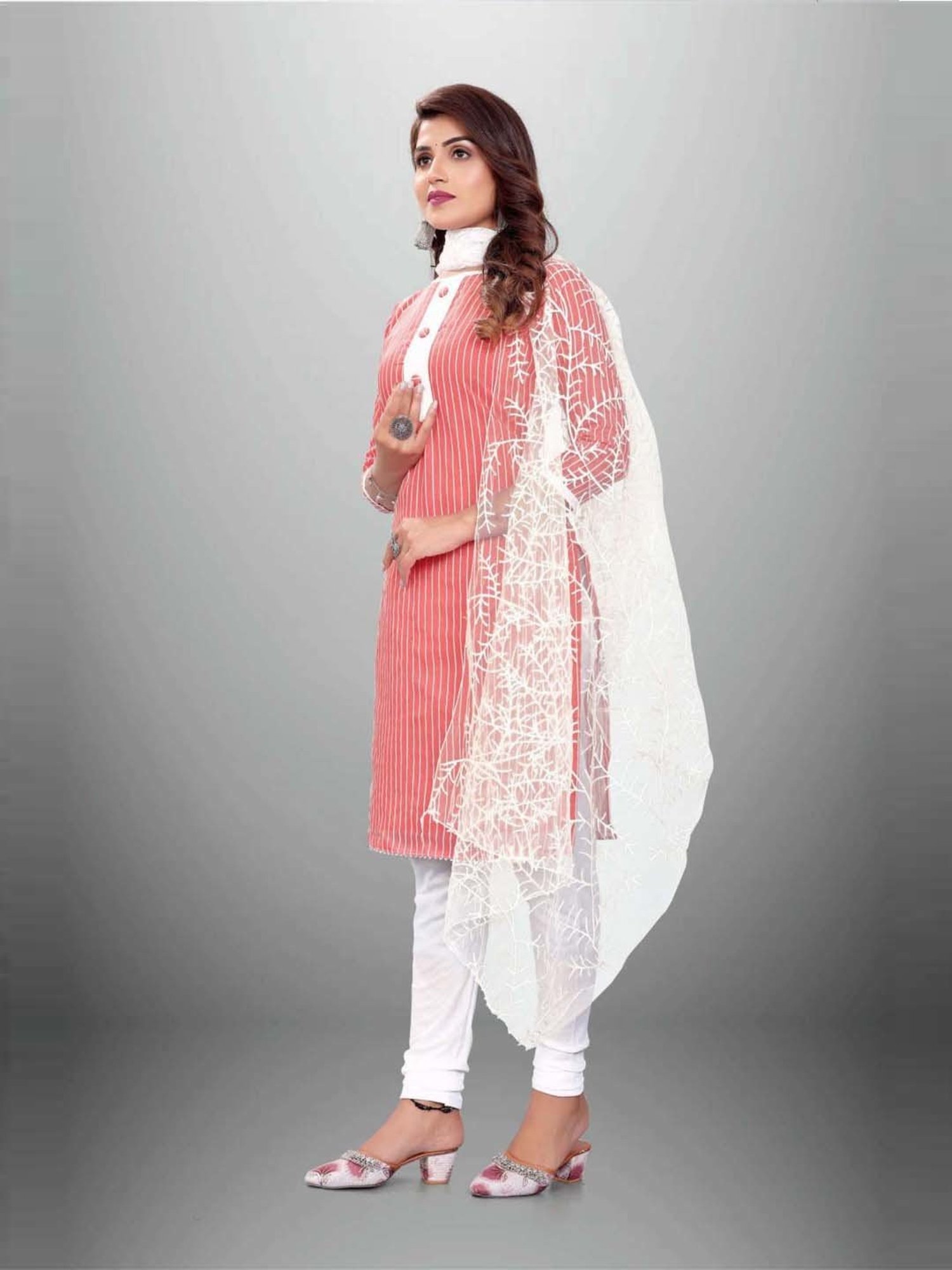 APNISHA Peach & White Cotton Striped Unstitched Dress Material