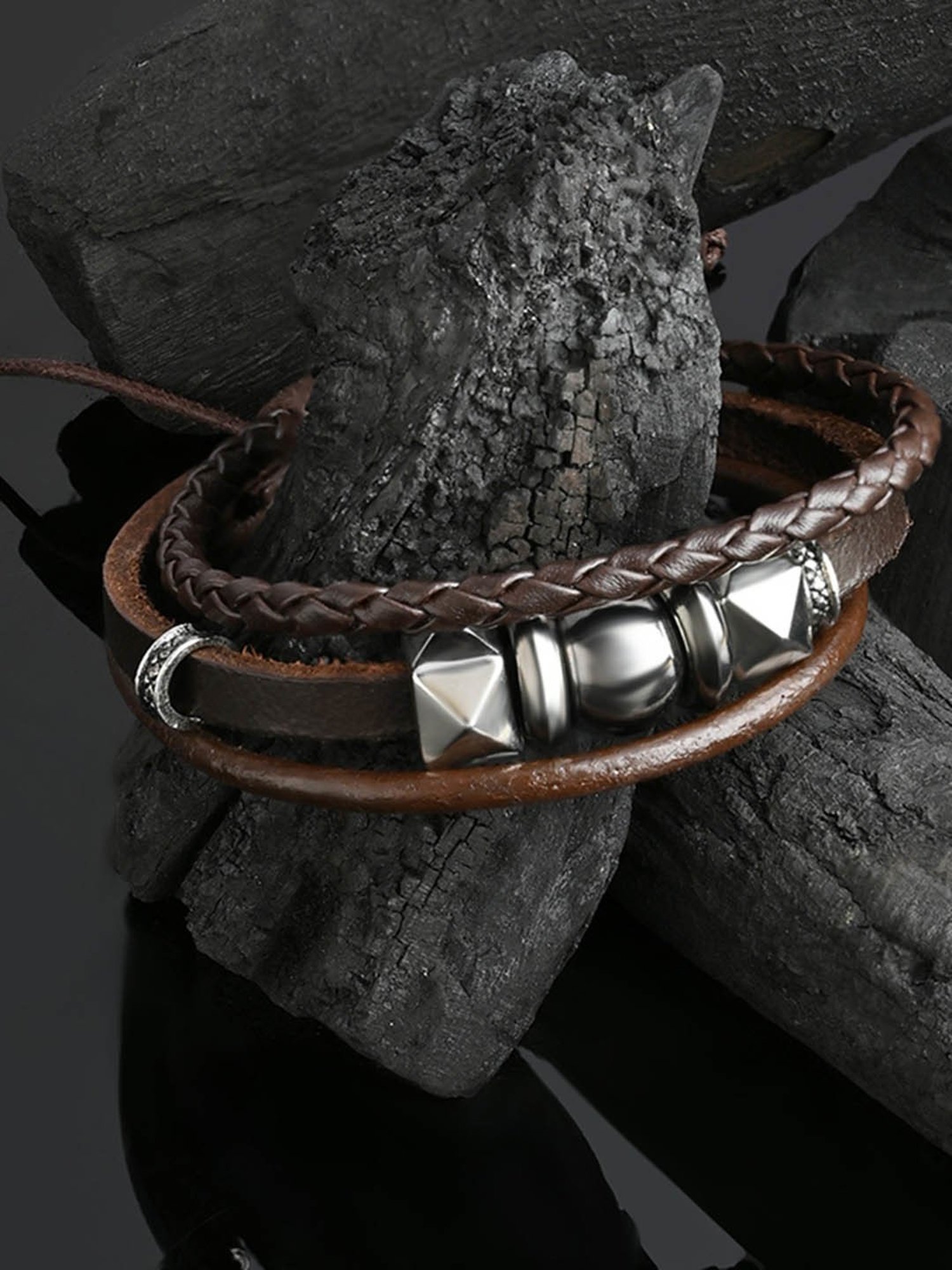 The Bro Code Brown Geometric Single Layered Faux Leather Bracelet for Men