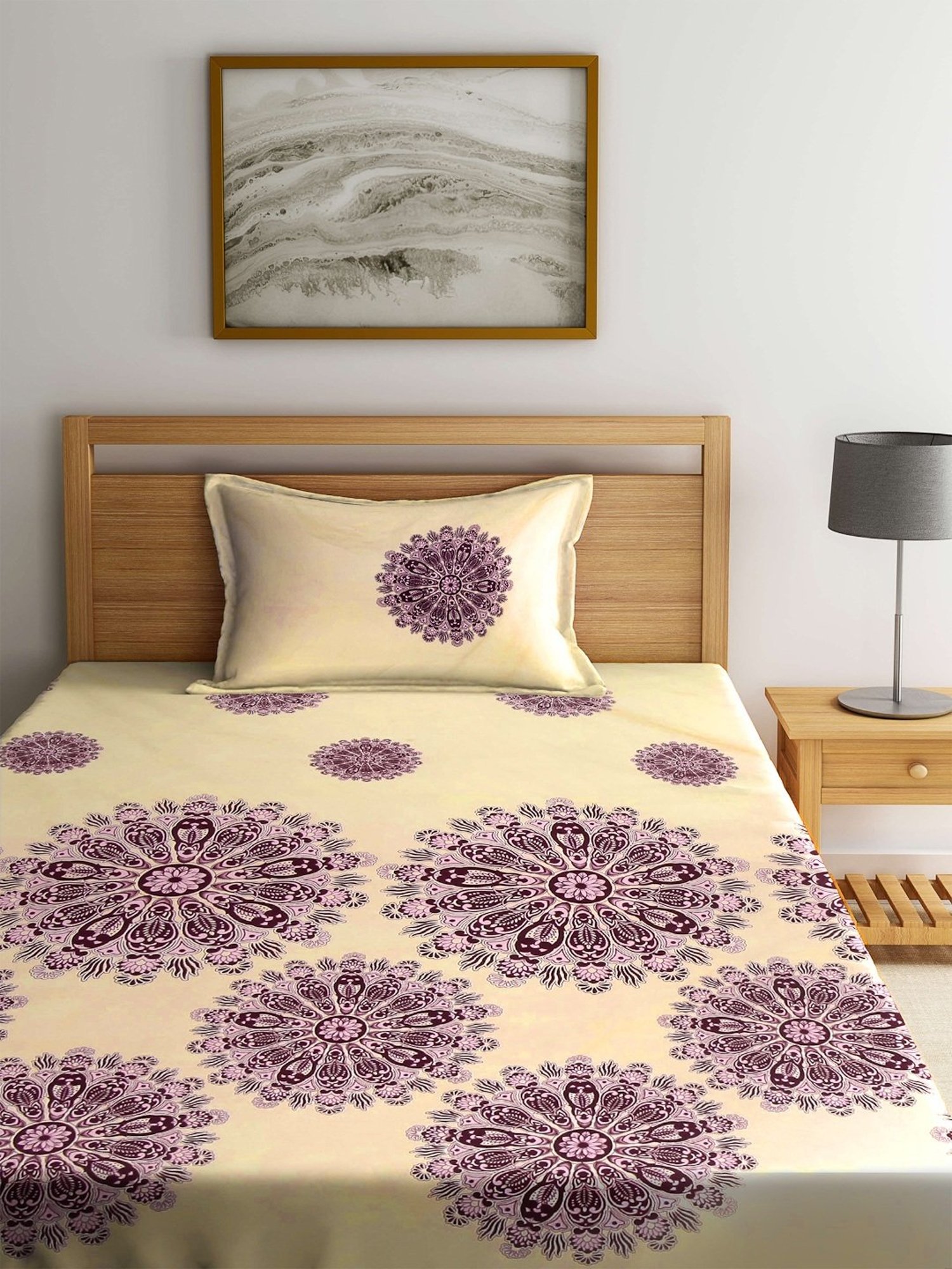 Klotthe Abstract Cream 210 TC Cotton Blend Single Bedsheet with 1 Pillow Cover