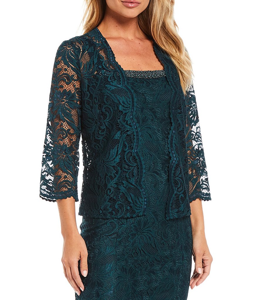 Le Bos Embroidered Stretch Lace 3/4 Sleeve Square Neck 2-Piece Jacket Dress