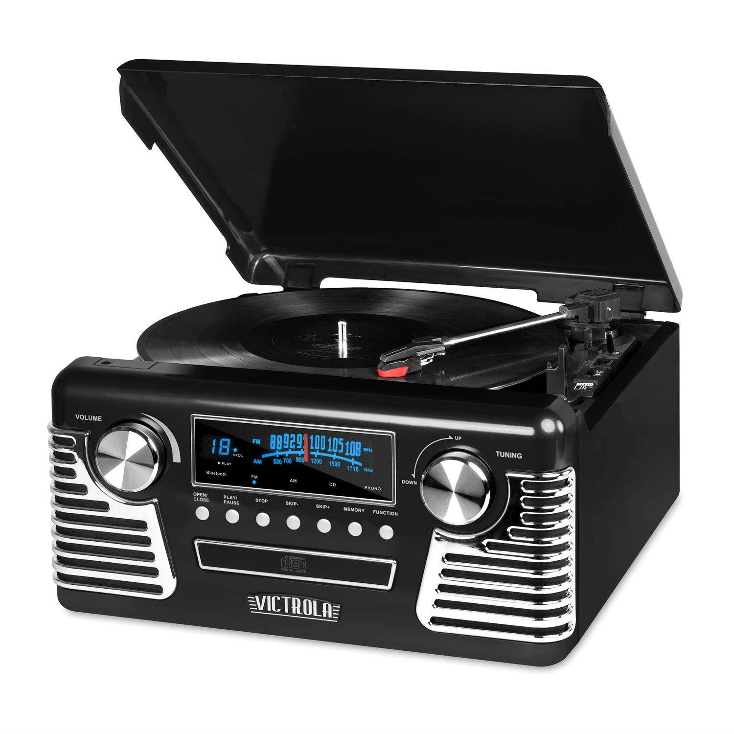 Victrola 50's Retro 3-Speed Bluetooth Turntable with Stereo, CD Player and Speakers, Black