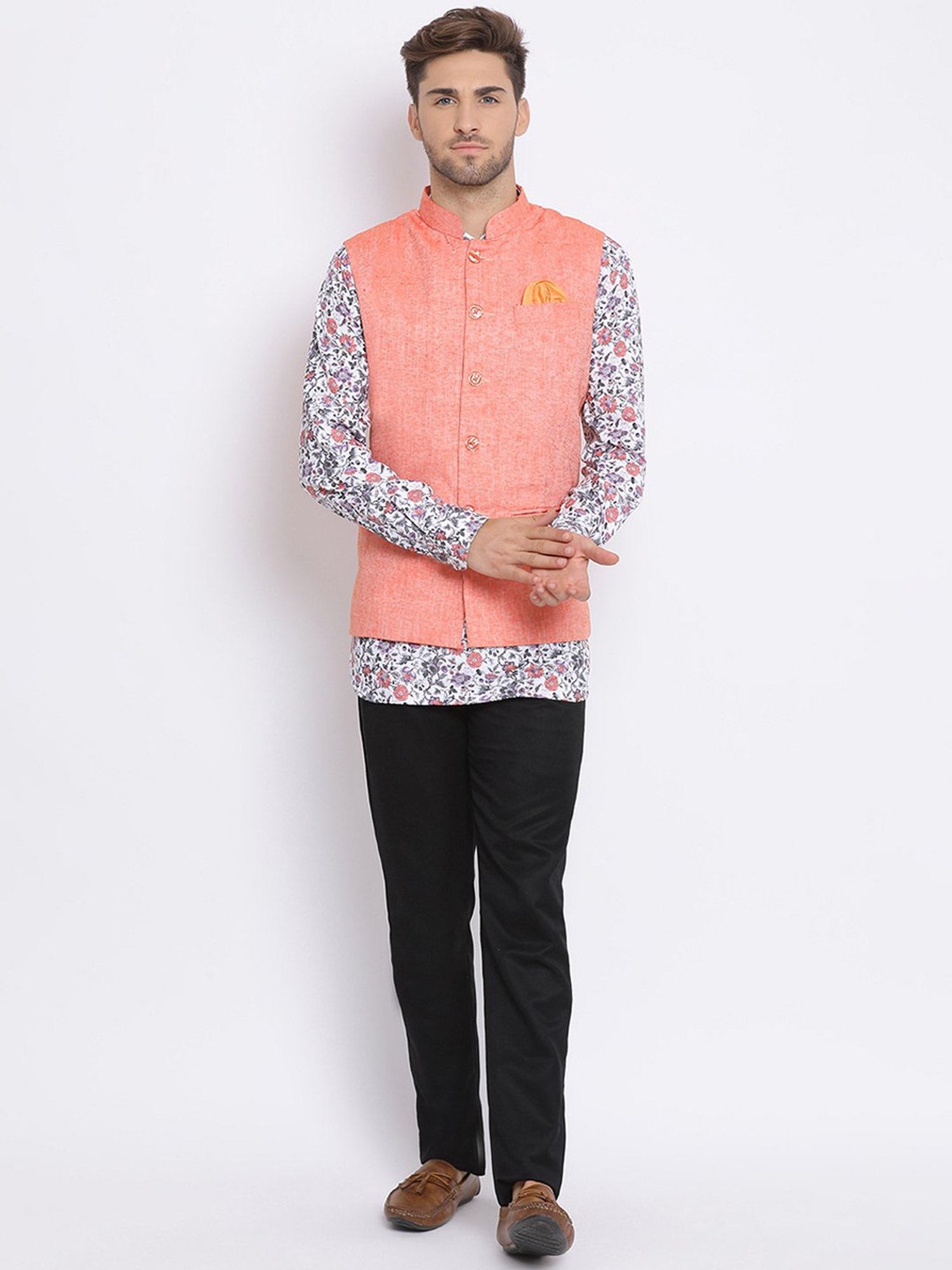 Hangup Plus White & Black Regular Fit Short Kurta & Trousers Set With Nehru Jacket