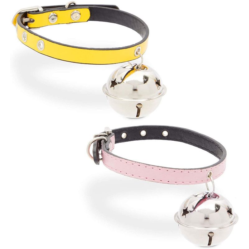 Okuna Outpost 2 Pack Adjustable Cat Collars with Bells, Pink and Yellow PU Leather (12.8 x 0.35 in)