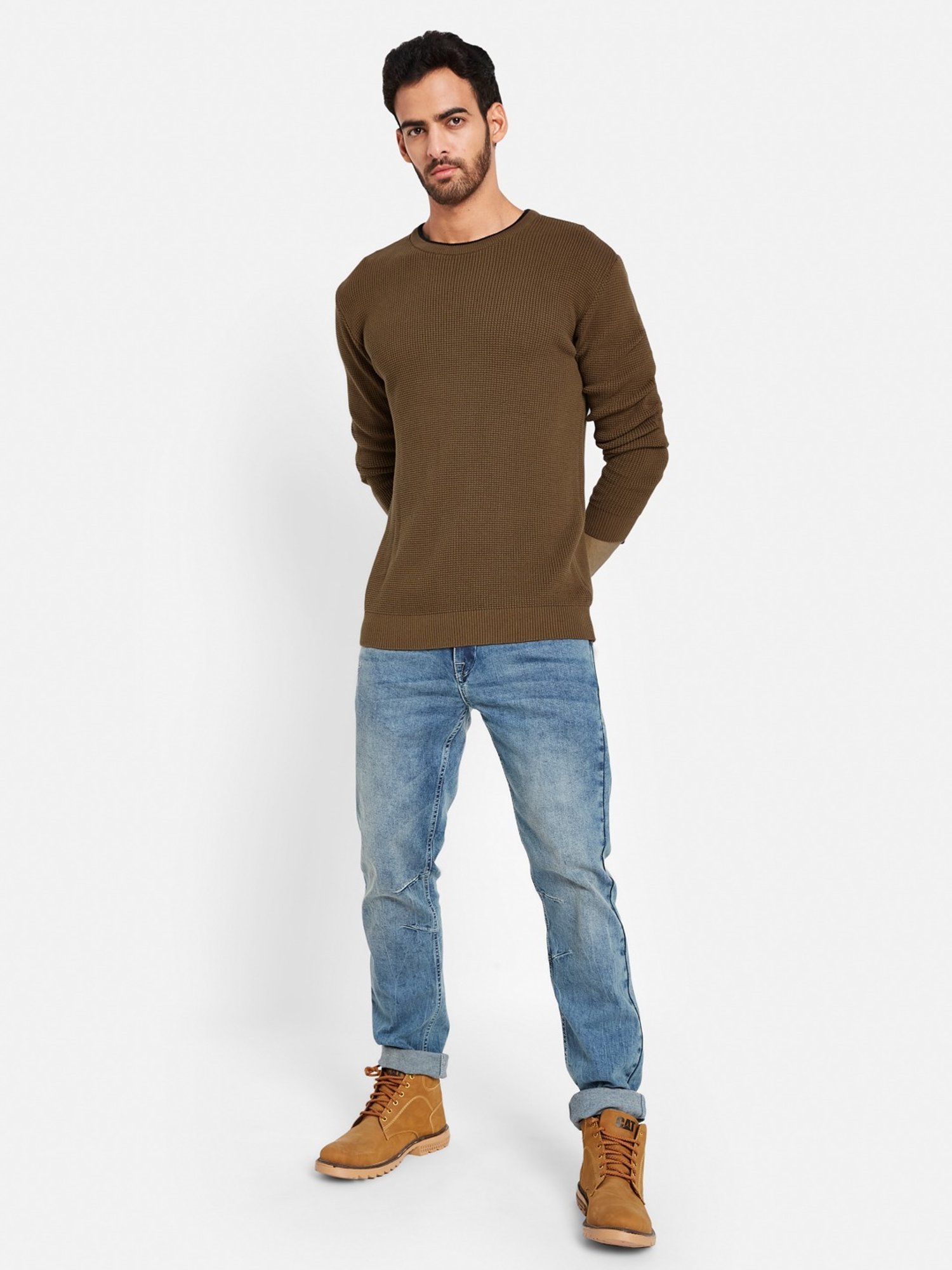 METTLE Tan Cotton Regular Fit Sweater