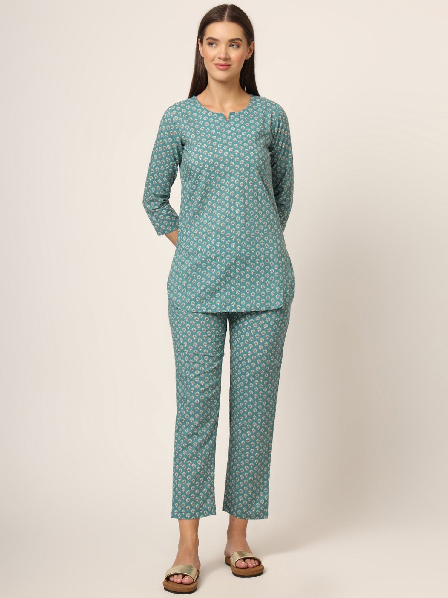Divena Green Printed Top With Pyjamas