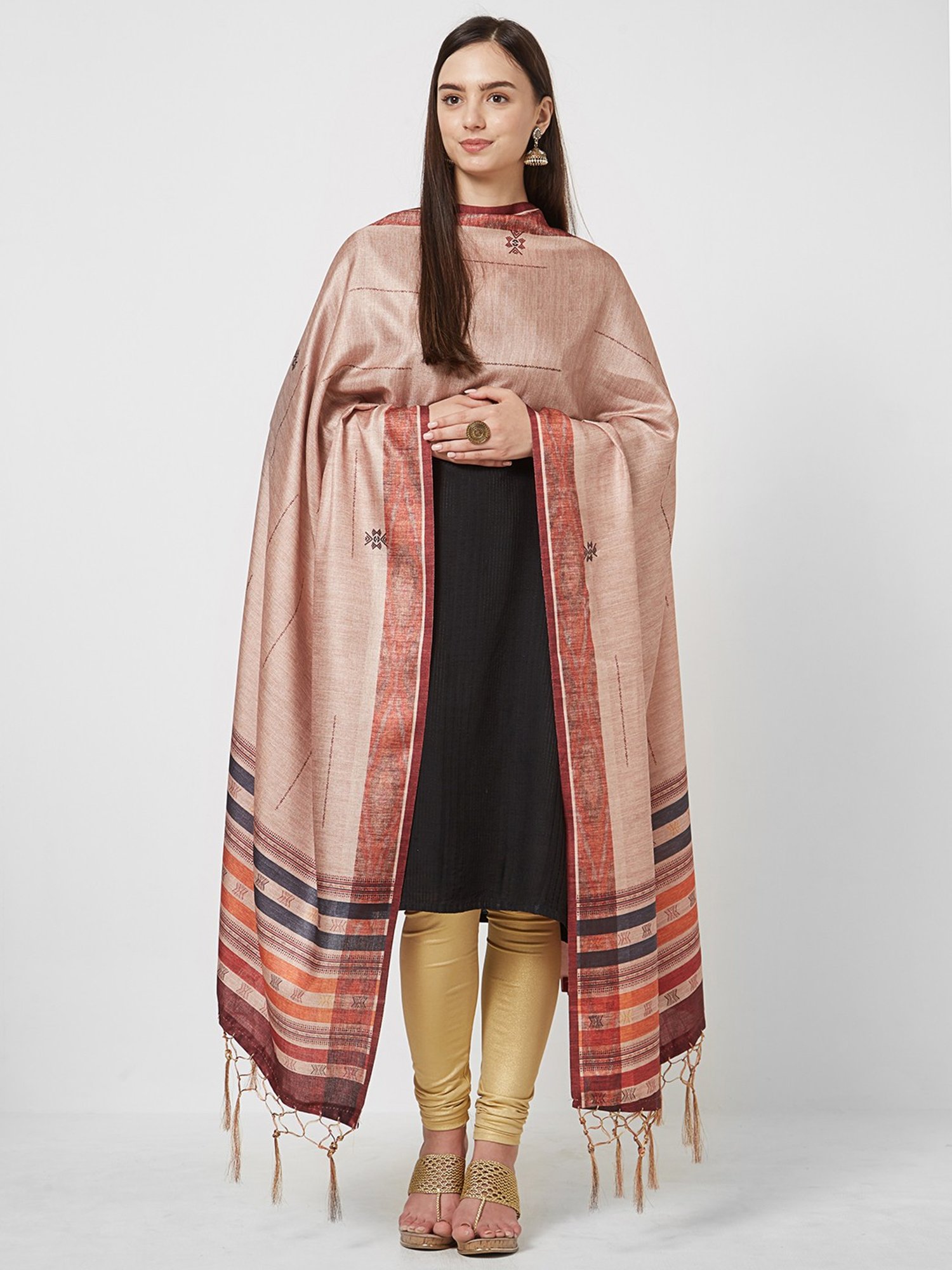 Saree Mall Beige Woven Pattern Dupatta