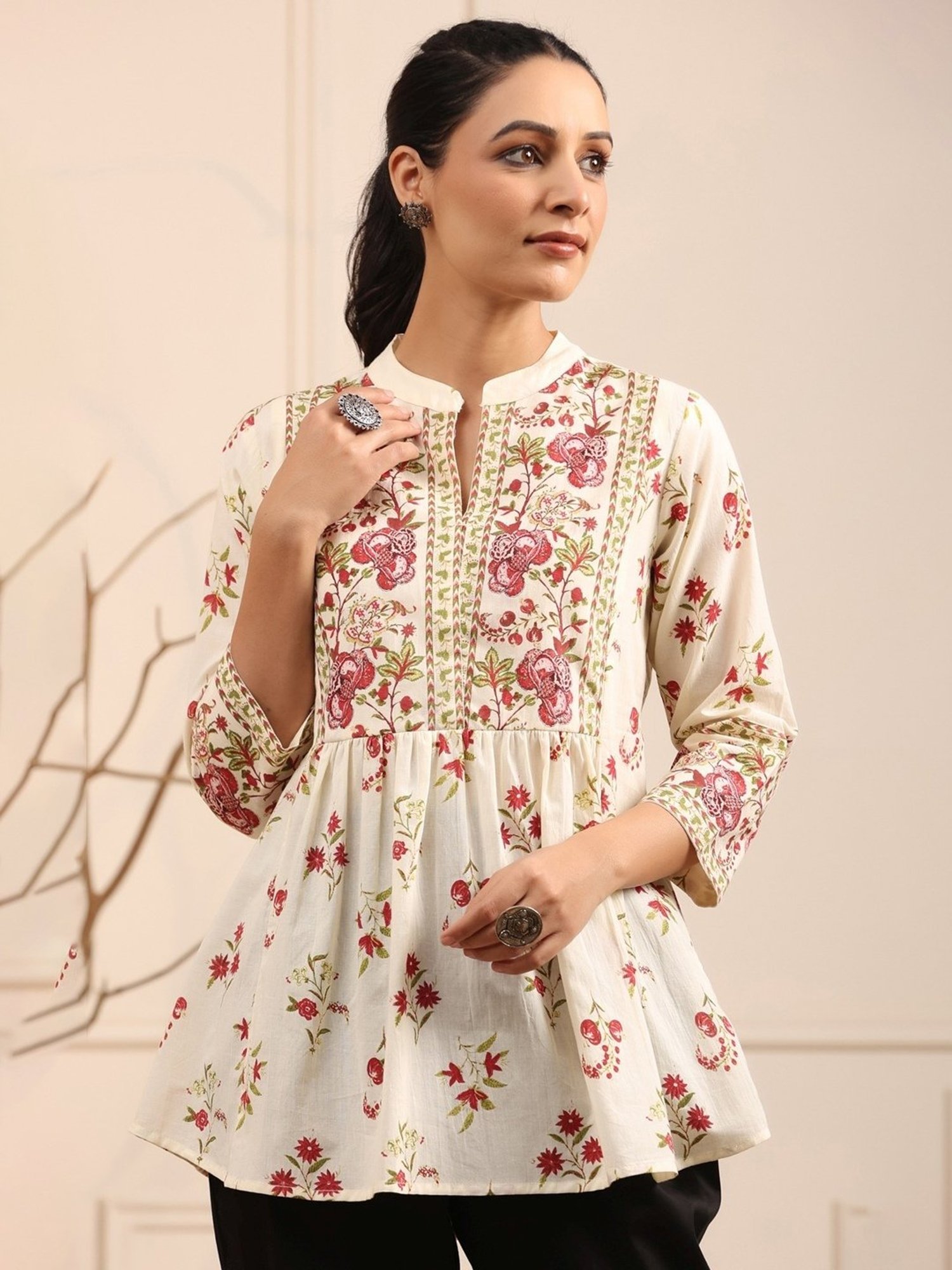 Rain and Rainbow Cream & Pink Cotton Printed Top