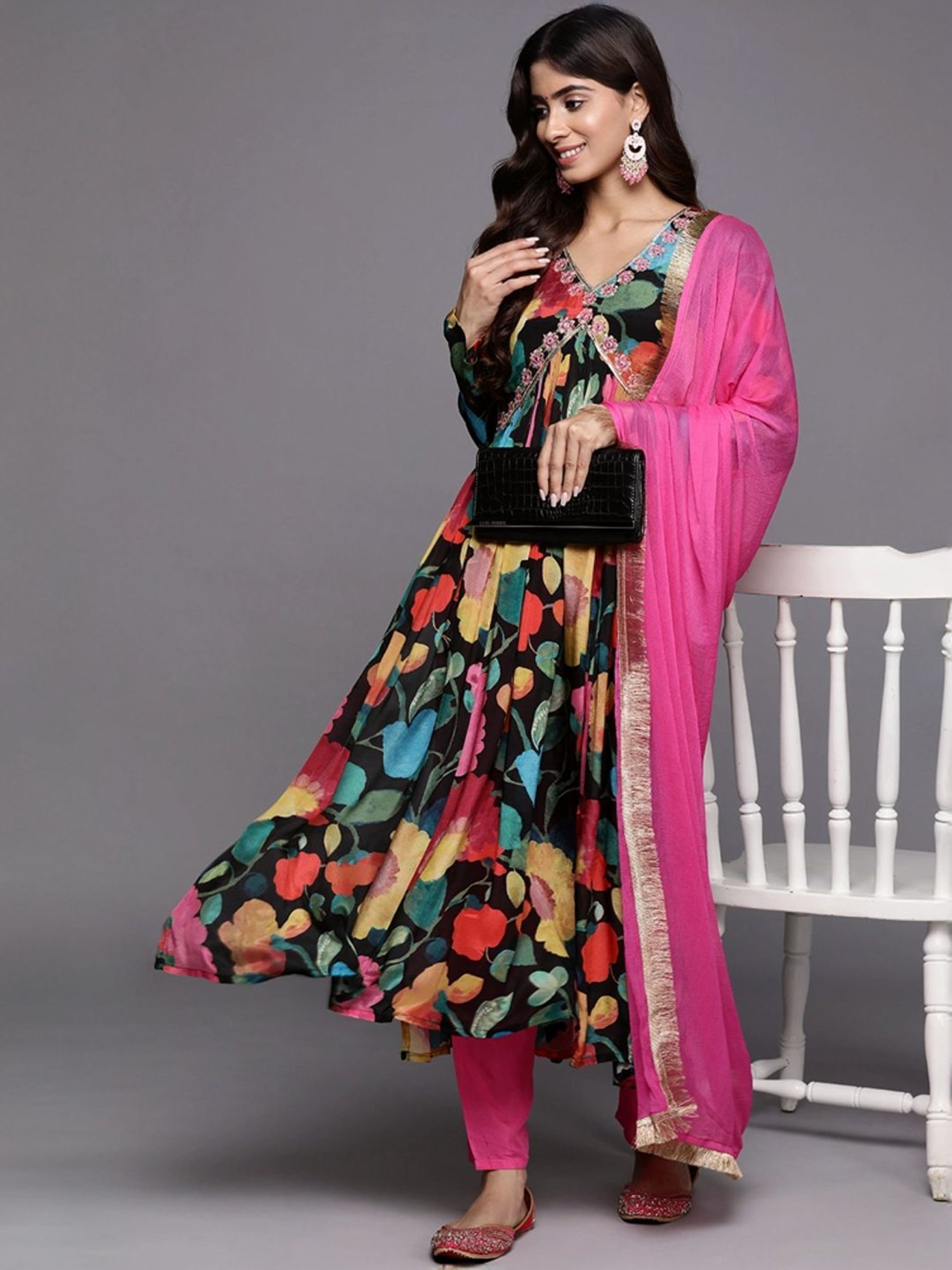 Varanga Black & Pink Floral Print Kurta Pant Set With Dupatta