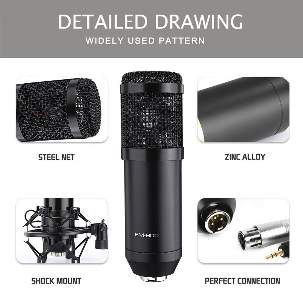 BM-800 Condenser Microphone Kit Pro Audio Studio Recording & Brocasting Podcasts Set