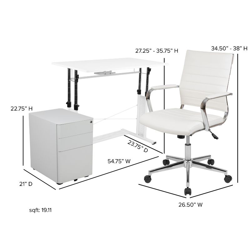 Flash Furniture Work From Home Kit - White Adjustable Computer Desk, LeatherSoft Office Chair and Side Handle Locking Mobile Filing Cabinet