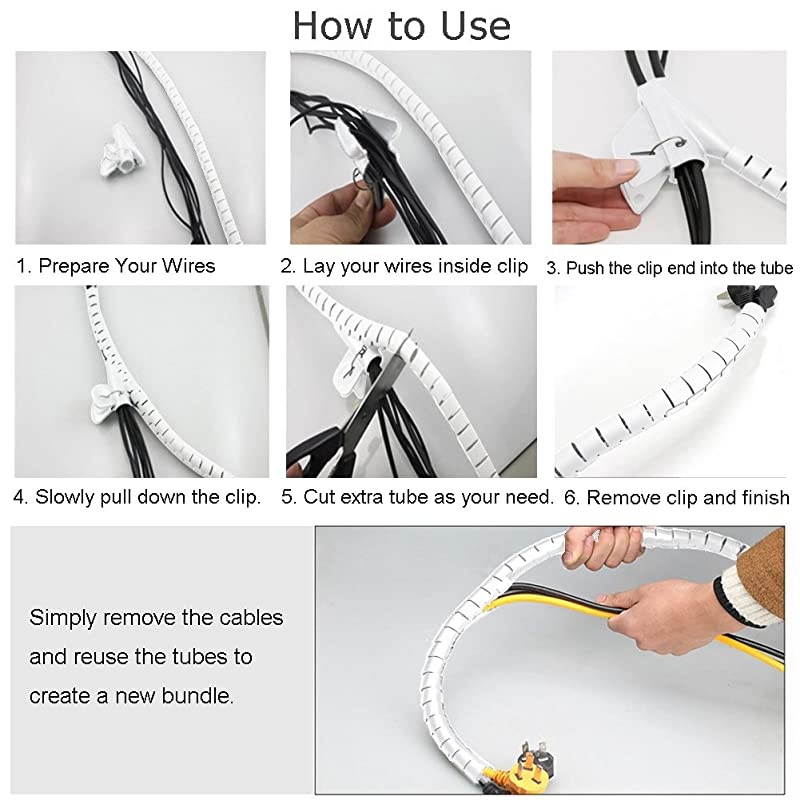 White Cable Wire Cover Cord Management Sleeve Electrical Wire Organizer Holder  Reusable Expandable Desktop Spiral Tube Wire Hider with BONUS Clips For TV Computer Home Entertainment