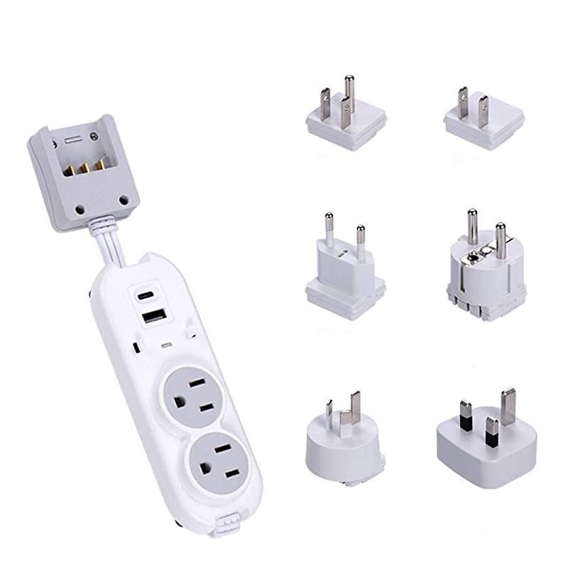 Travel Power Strip by  Small amp Compact Surge Protector Grounded USB + Type C 2 USA Outlets Input Plugs for Europe Asia China USA South America