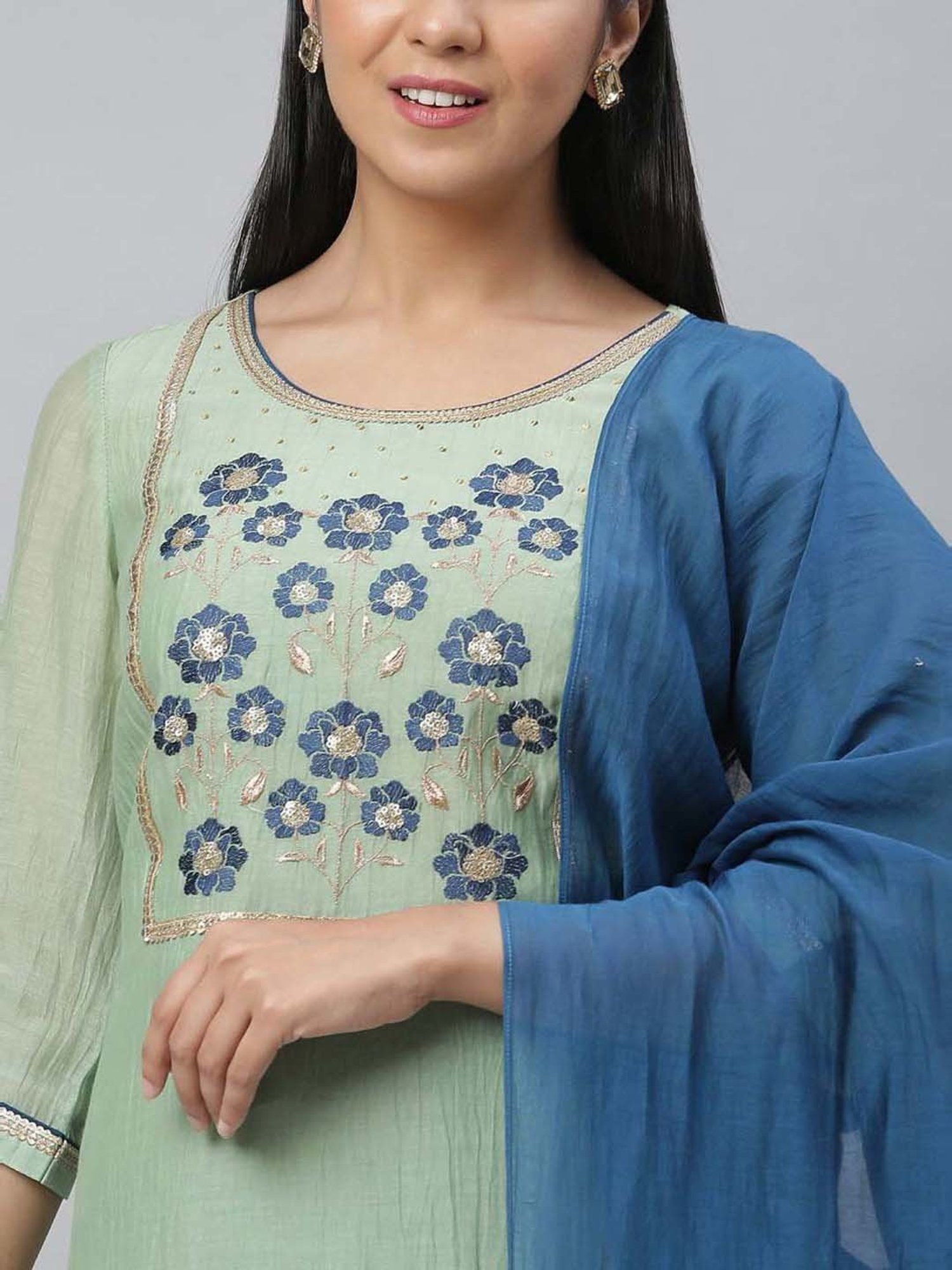 Aurelia Green & Blue Embroidered Kurta Palazzo Set With Dupatta