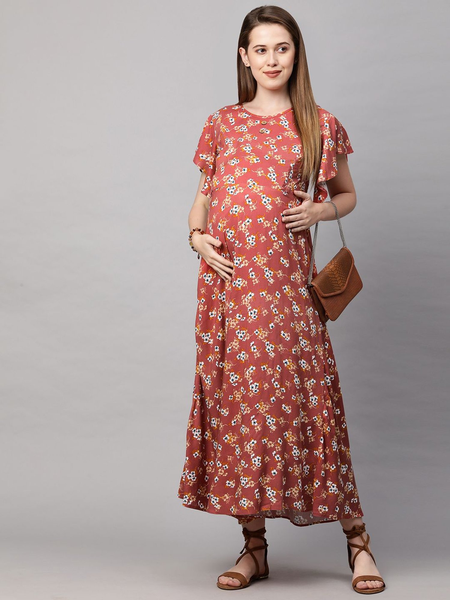 MomToBe Orange Floral Print Maternity Dress
