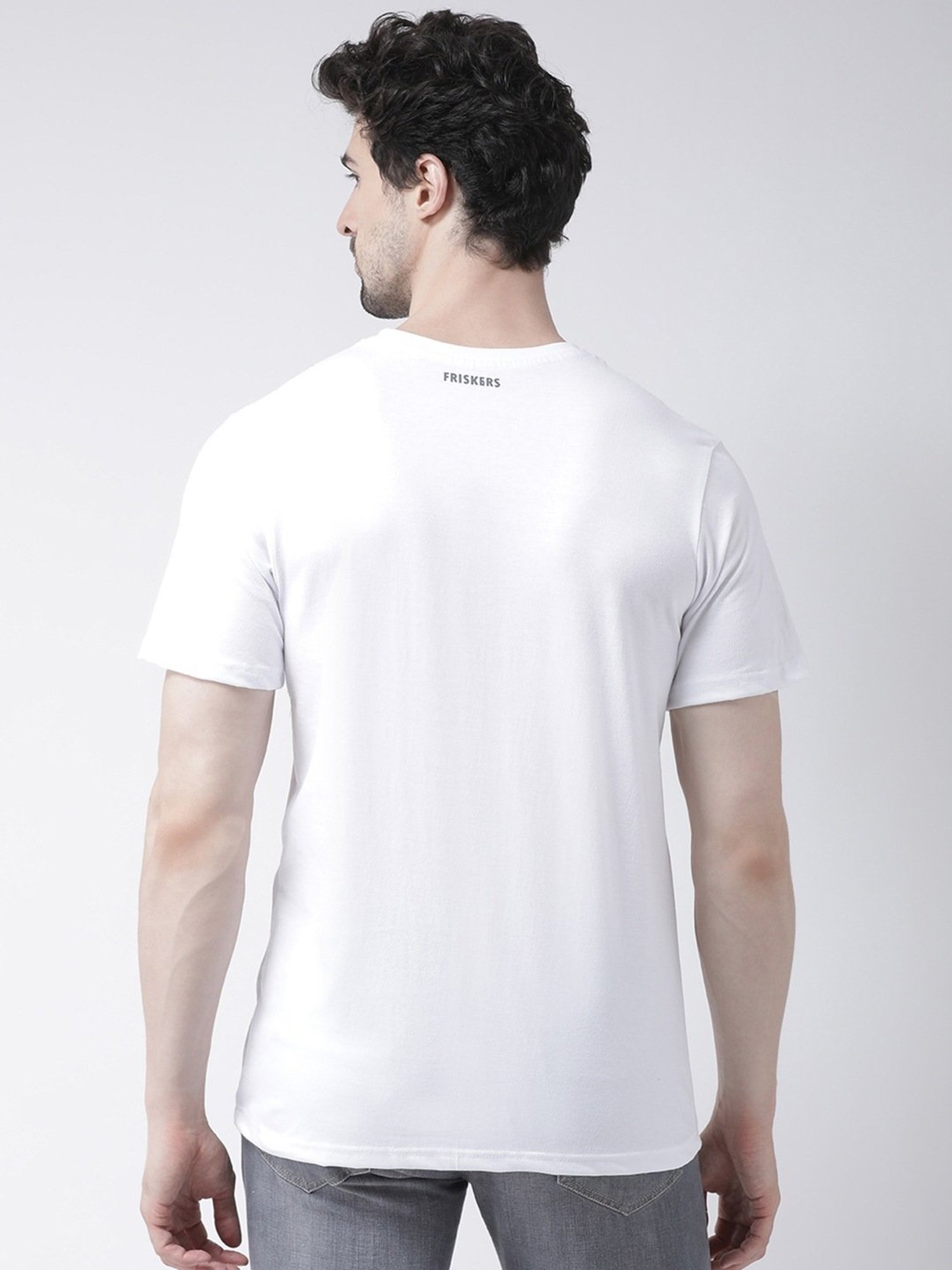 Friskers White Cotton Slim Fit Printed T-Shirt