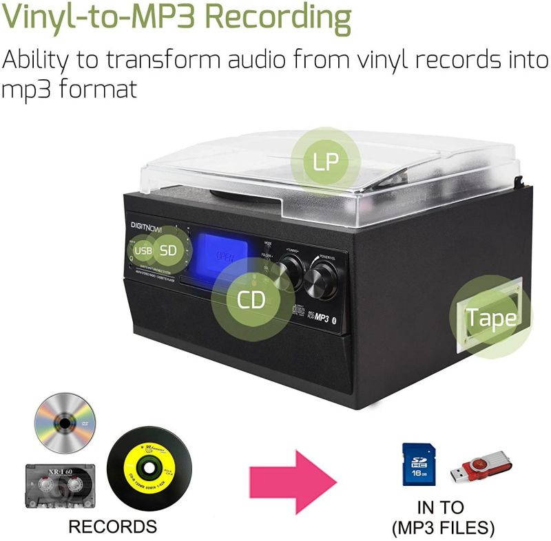 DIGITNOW Bluetooth Record Player Turntable with Stereo Speaker, LP Vinyl to MP3 Converter with CD, Cassette, Radio, Aux in and USB / SD Encoding, Remote Control, Audio Music Player Built in Amplifier