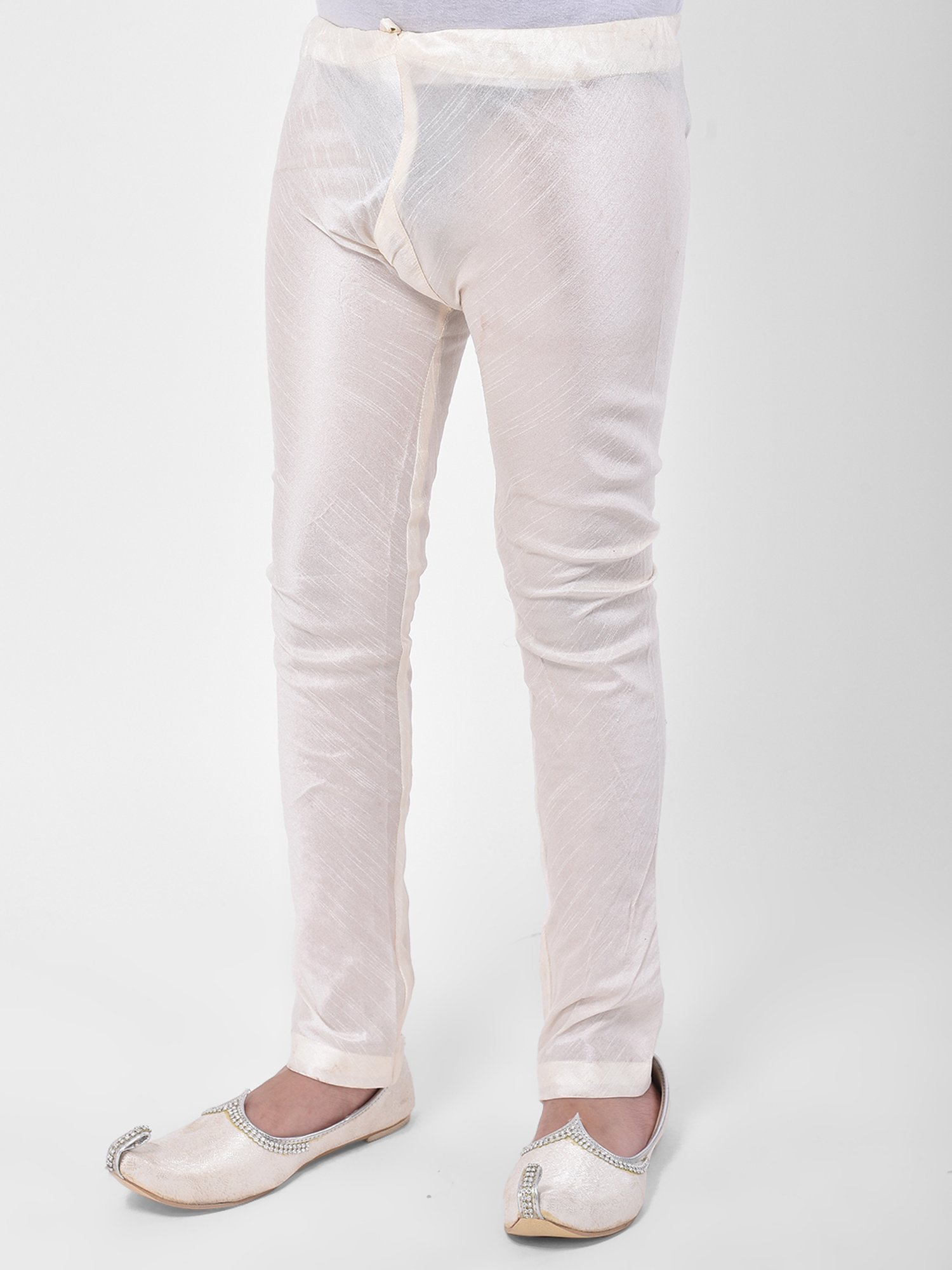 Deyann Kids Off White & Peach Self Design Full Sleeves Kurta, Churidar Pants with Nehru Jacket