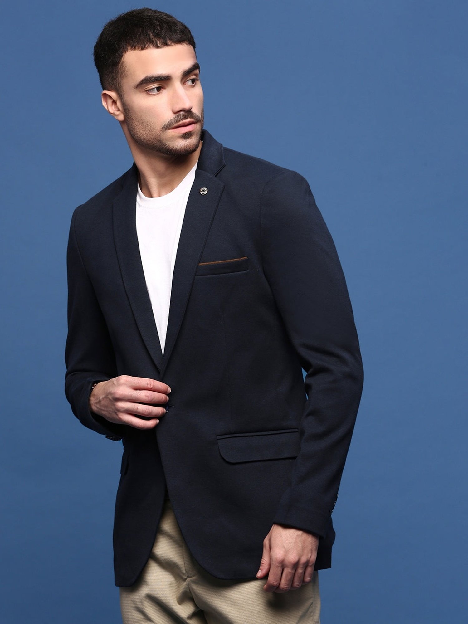 Showoff Navy Blue Cotton Slim Fit Blazer