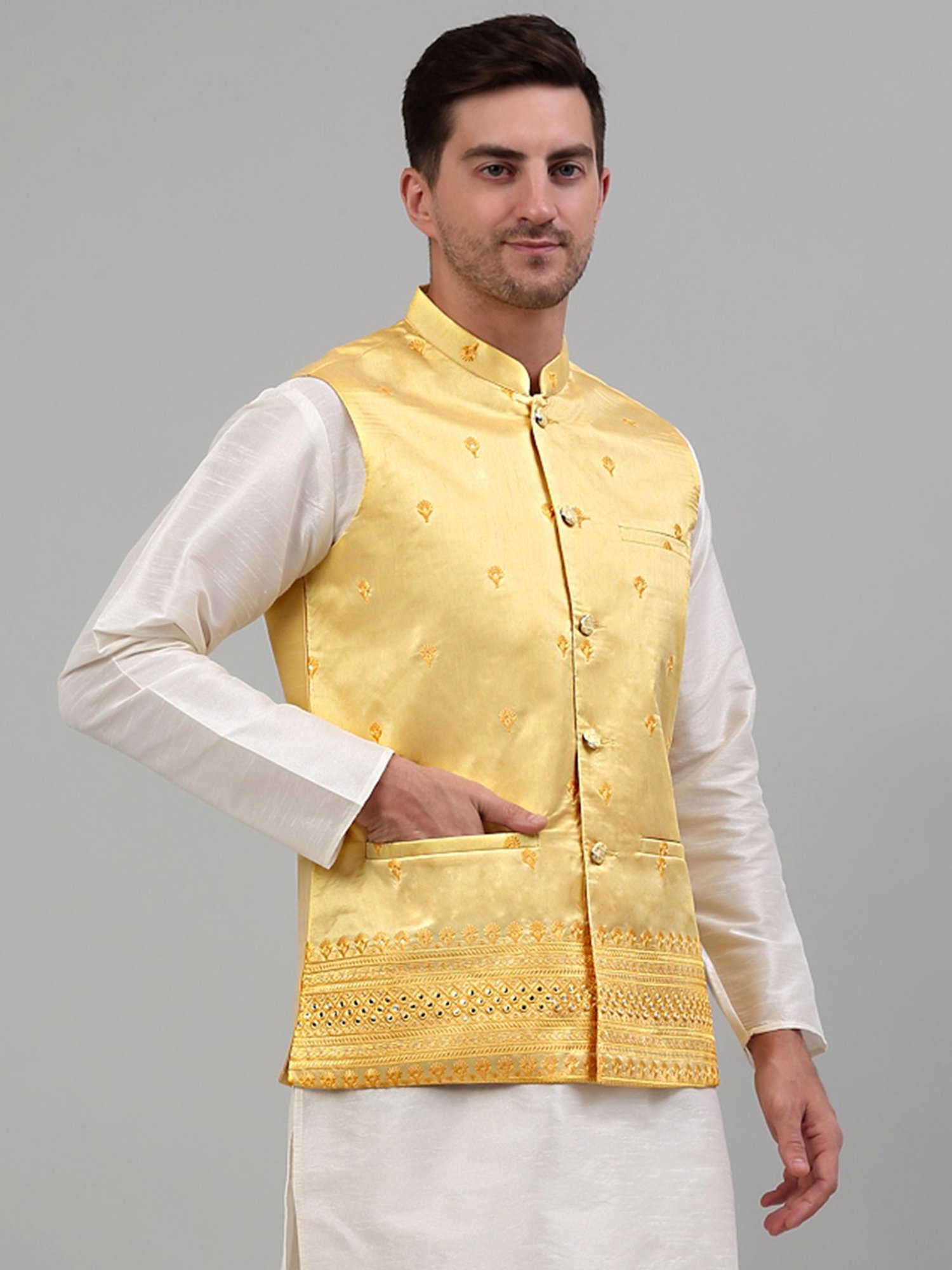 Jompers Yellow Regular Fit Embroidered Nehru Jacket