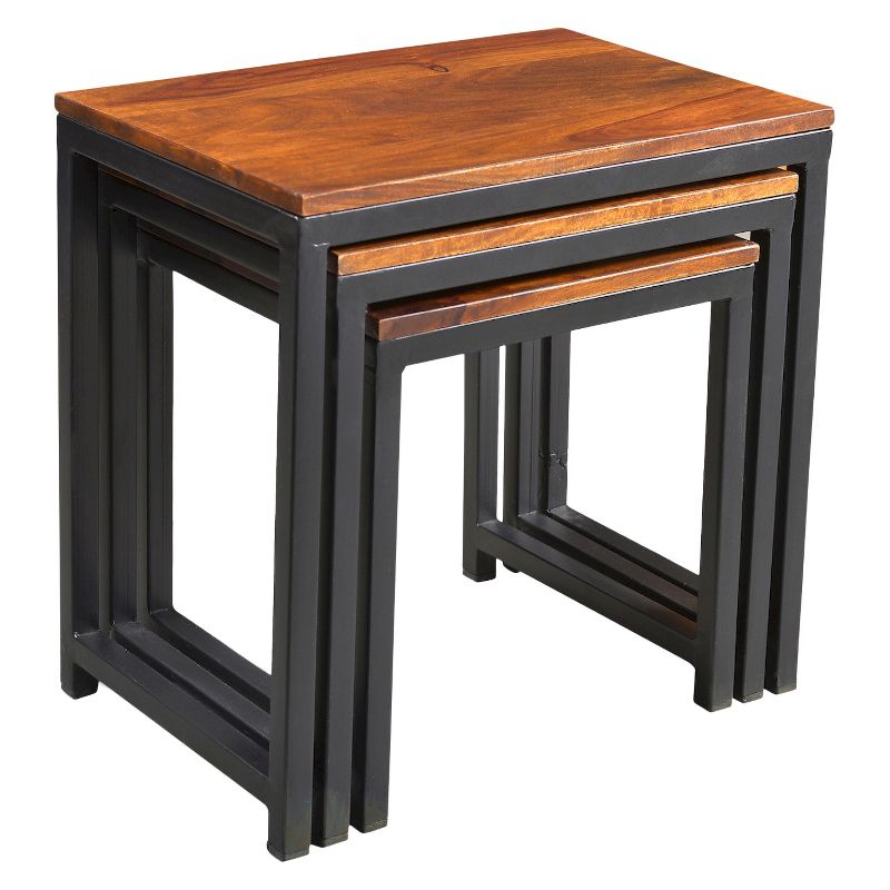 3pc Reclaimed Sheesham Wood and Iron Nesting Table Set Natural- Timbergirl