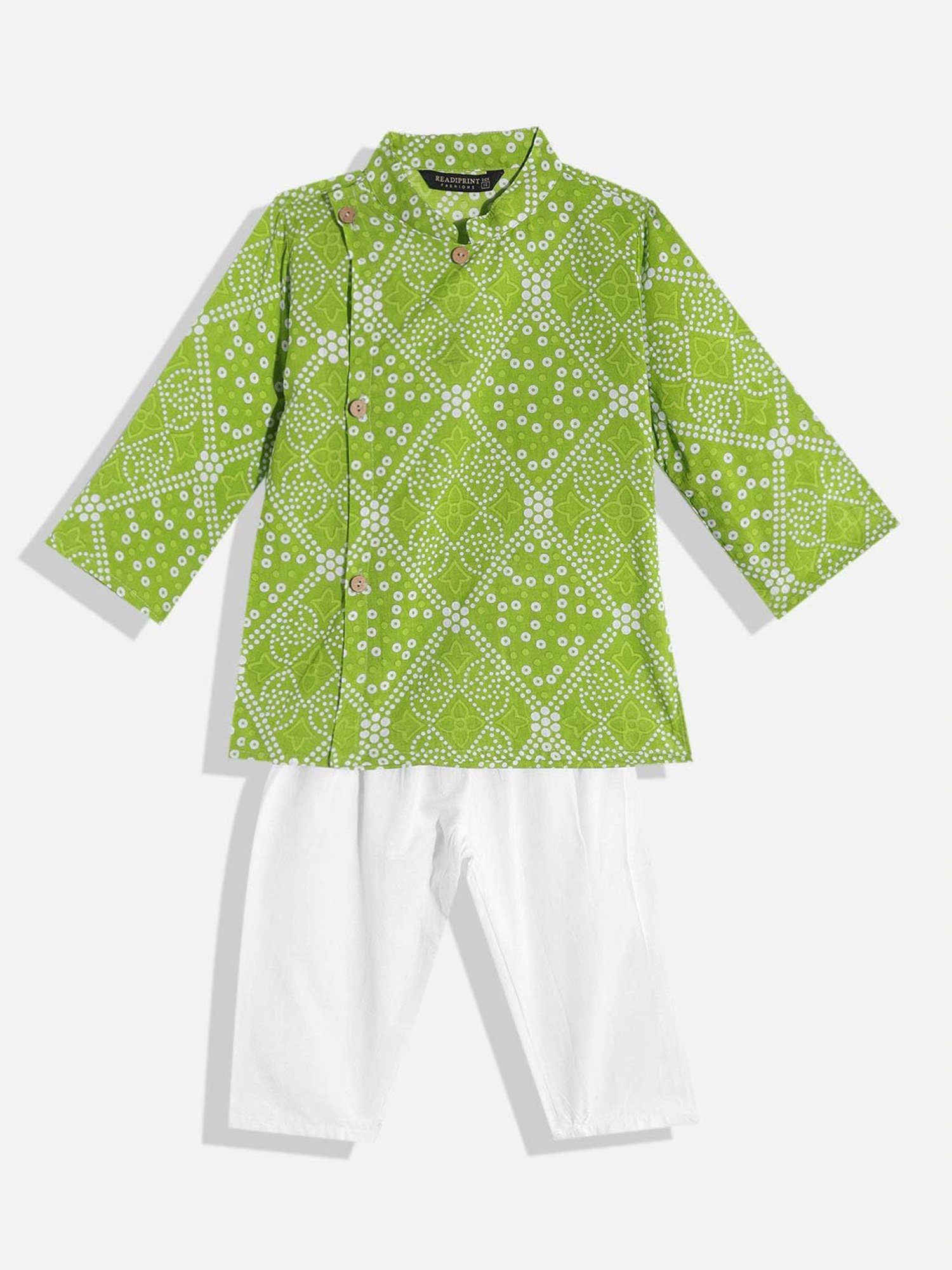 READIPRINT FASHIONS Kids Green & White Printed Full Sleeves Kurta With Pyjamas