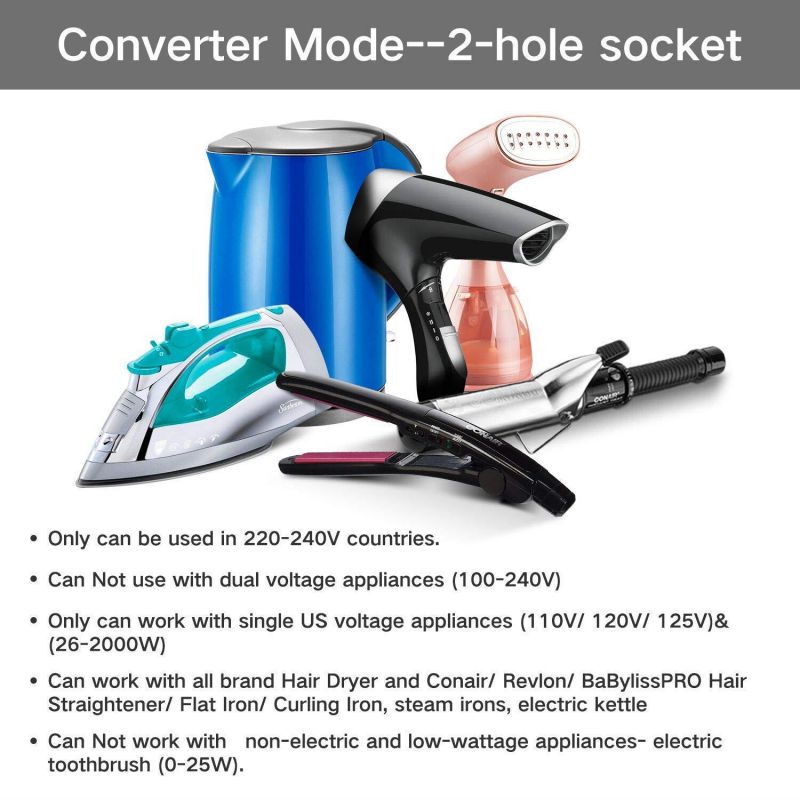 2019 Upgraded DOACE C11 2000W Travel Voltage Converter for Hair Dryer Straightener, Flat Iron, Set Down 220V to 110V, 10A Power Adapter with 2-port USB, EU/UK/AU/US Plug for Laptop, Camera, Cell Phone